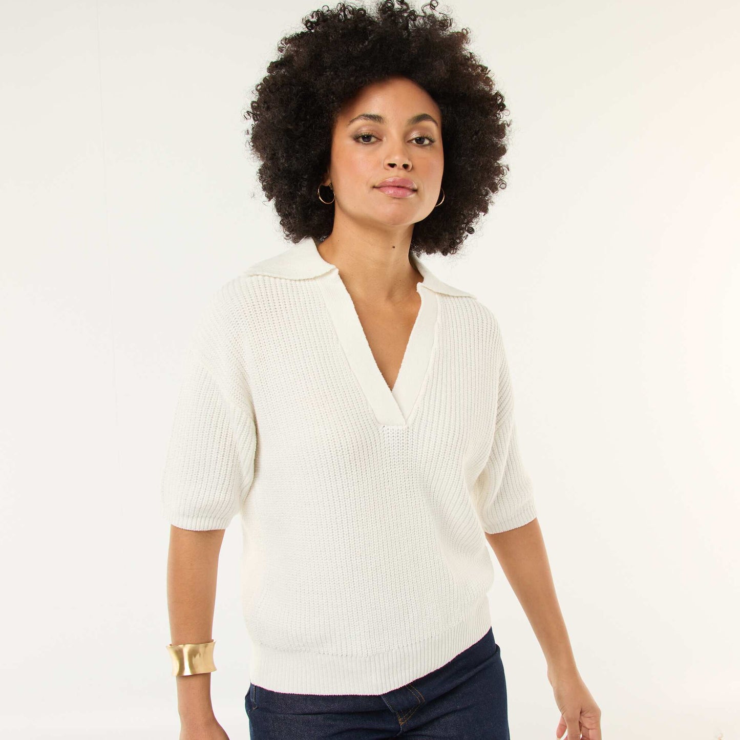 Polo-Style Sweater with V-Neck WHITE