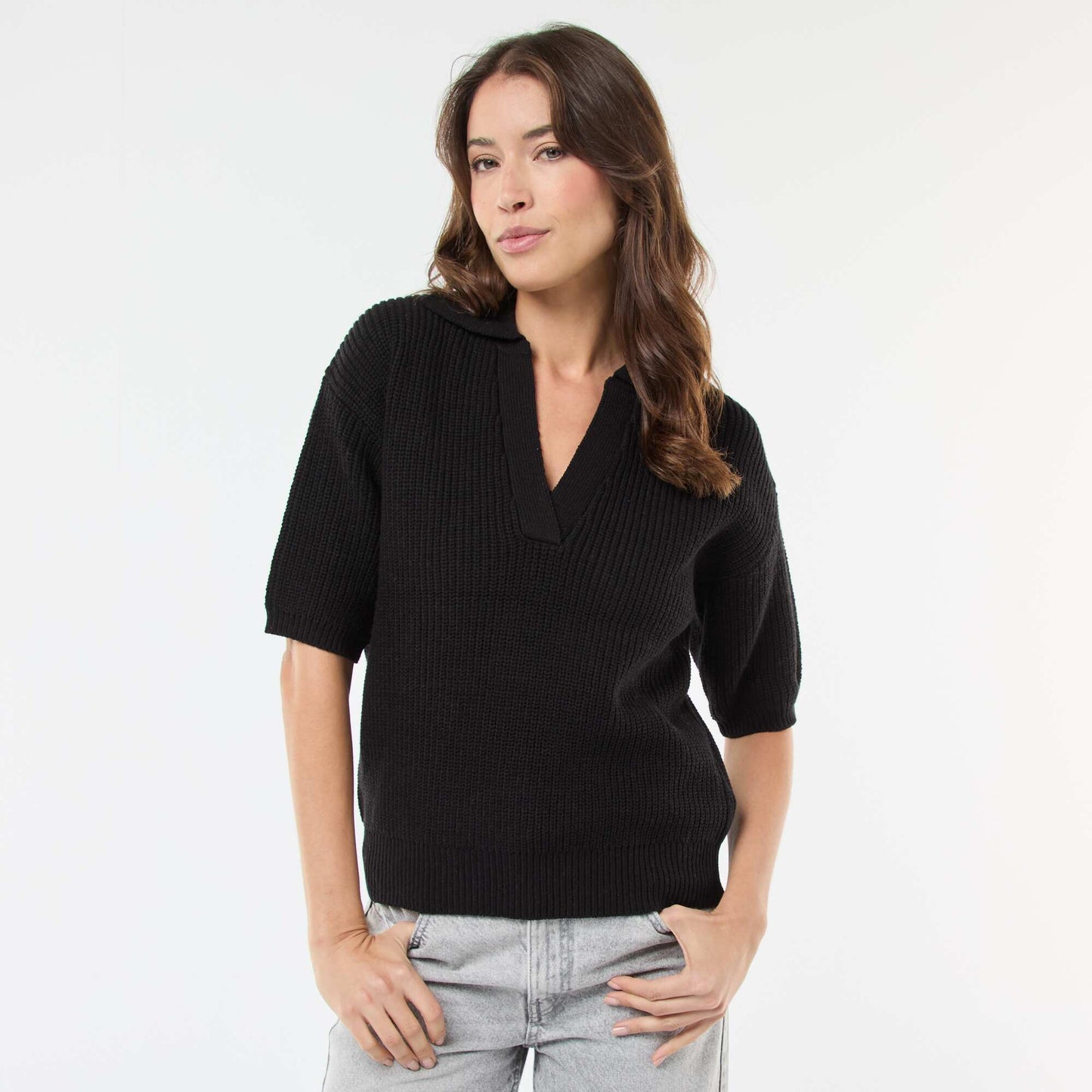 Polo-Style Sweater with V-Neck BLACK