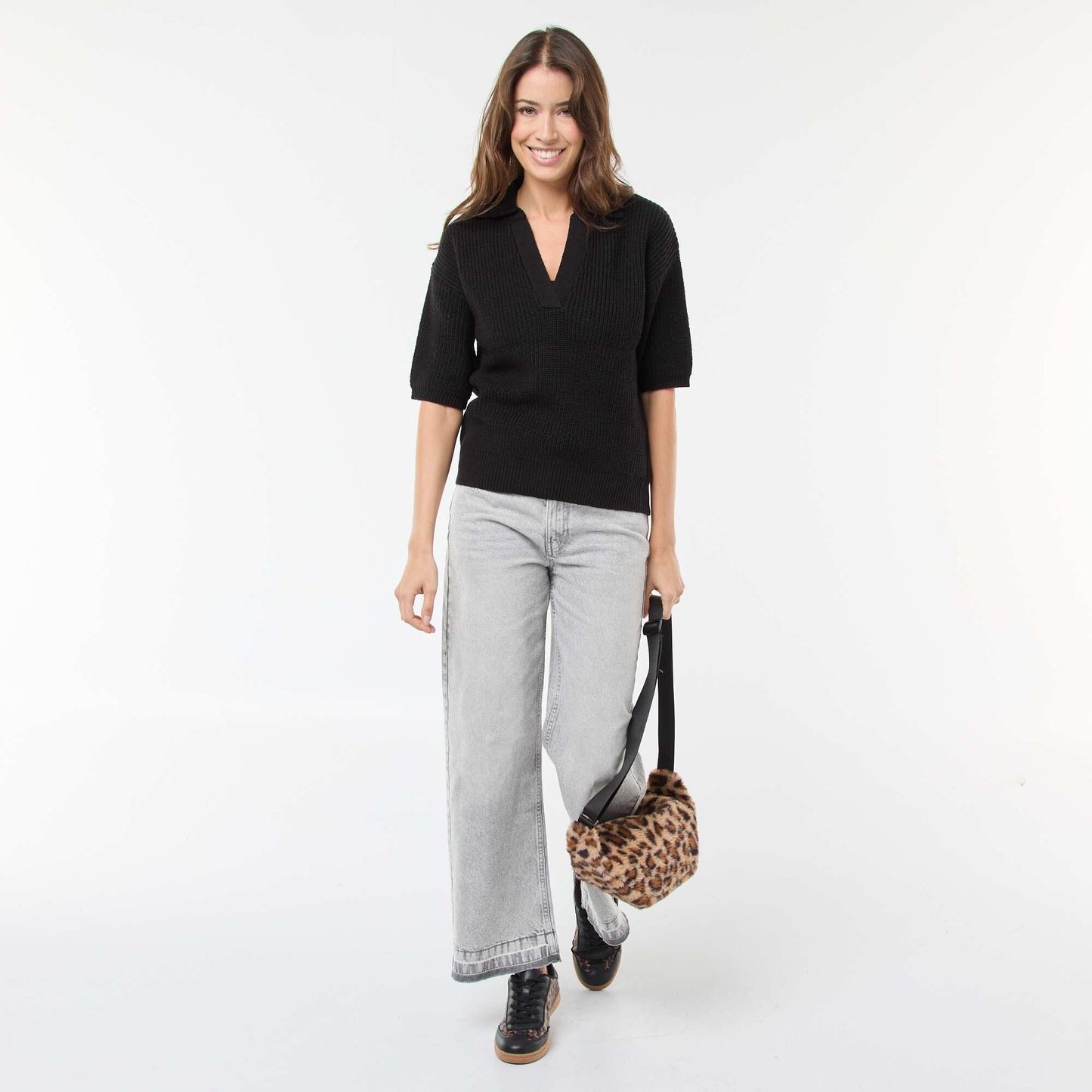 Polo-Style Sweater with V-Neck BLACK