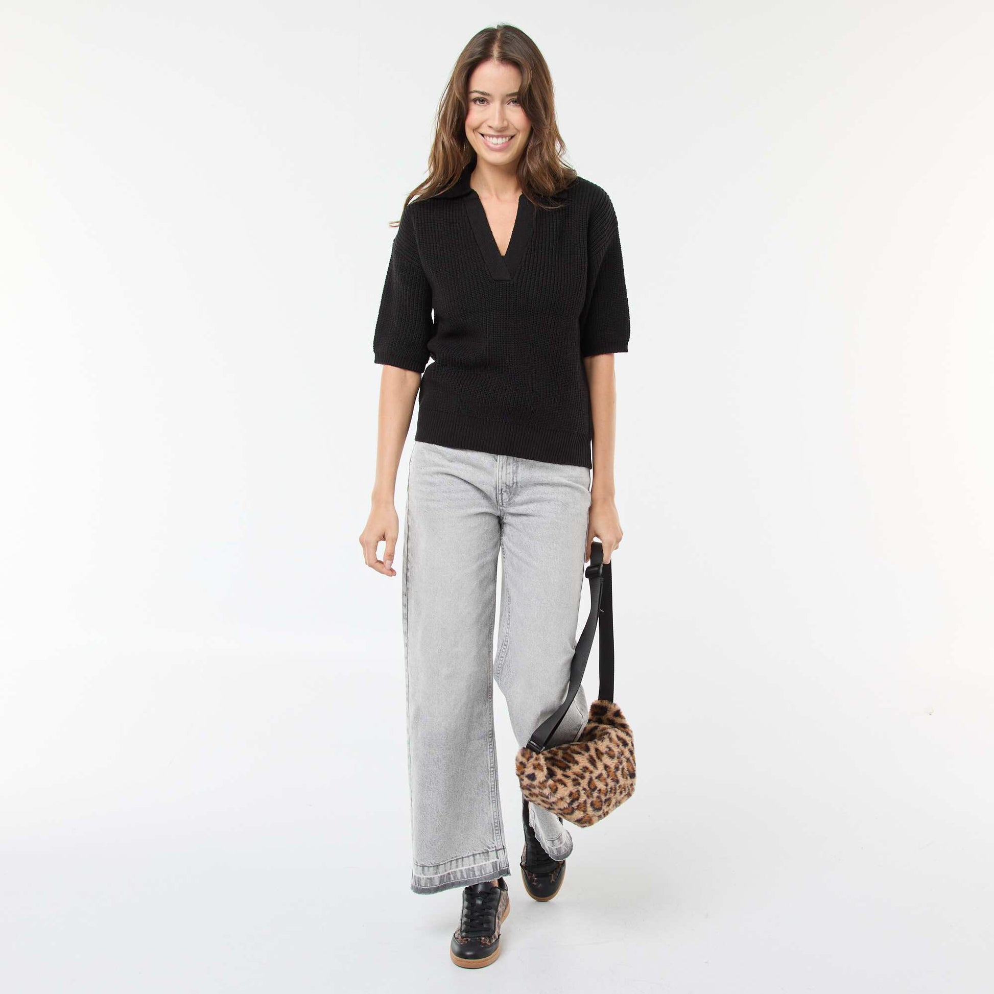 Polo-Style Sweater with V-Neck BLACK