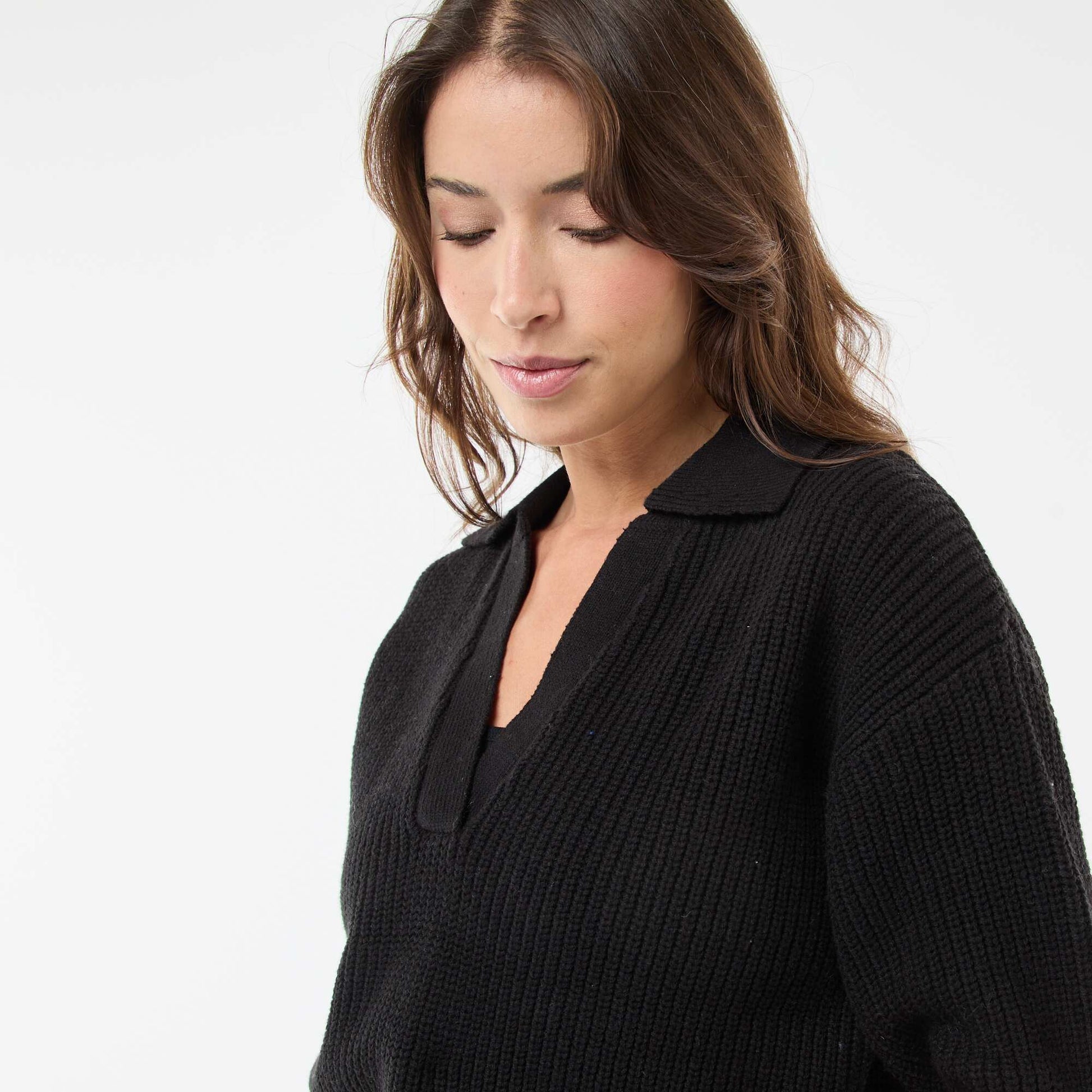 Polo-Style Sweater with V-Neck BLACK