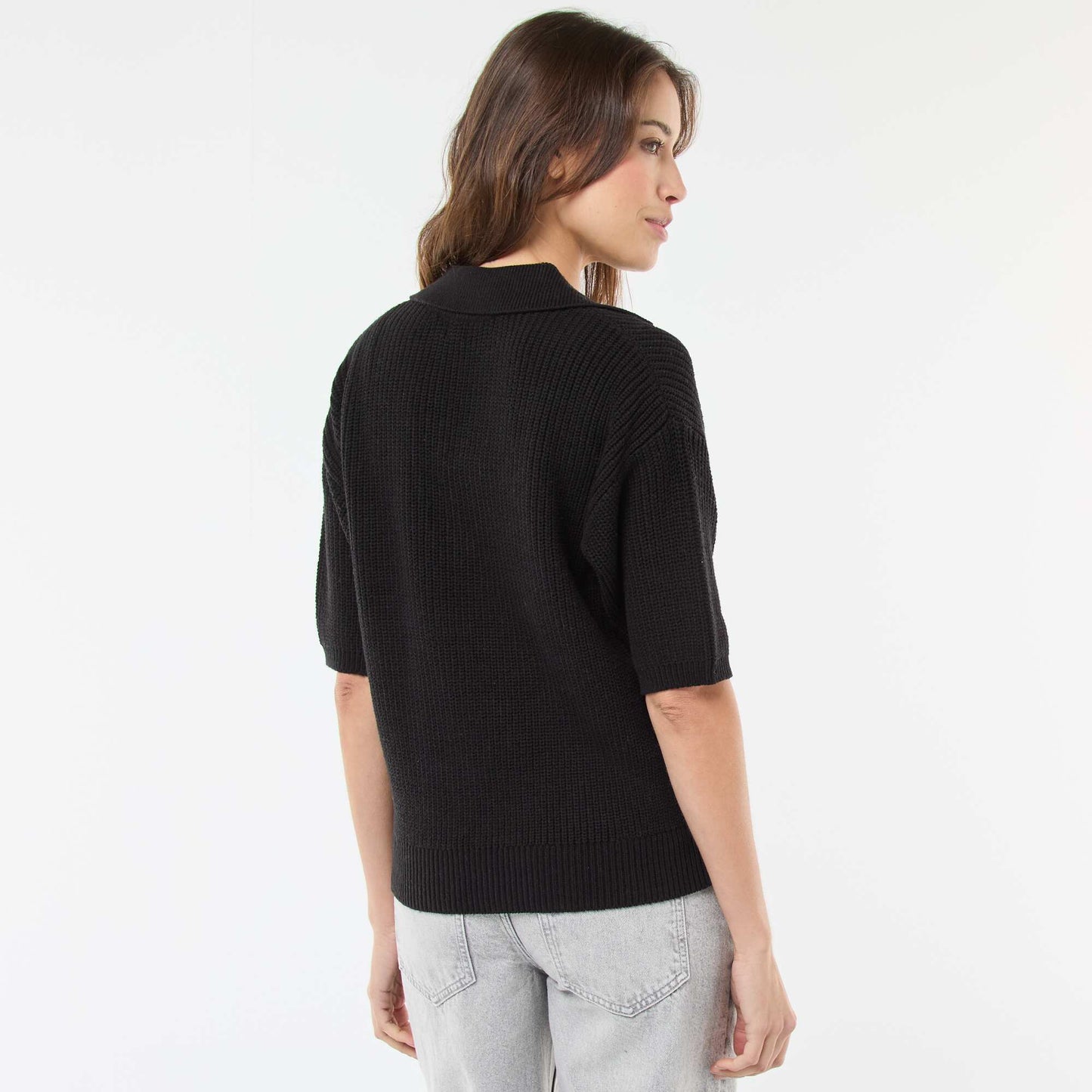 Polo-Style Sweater with V-Neck BLACK