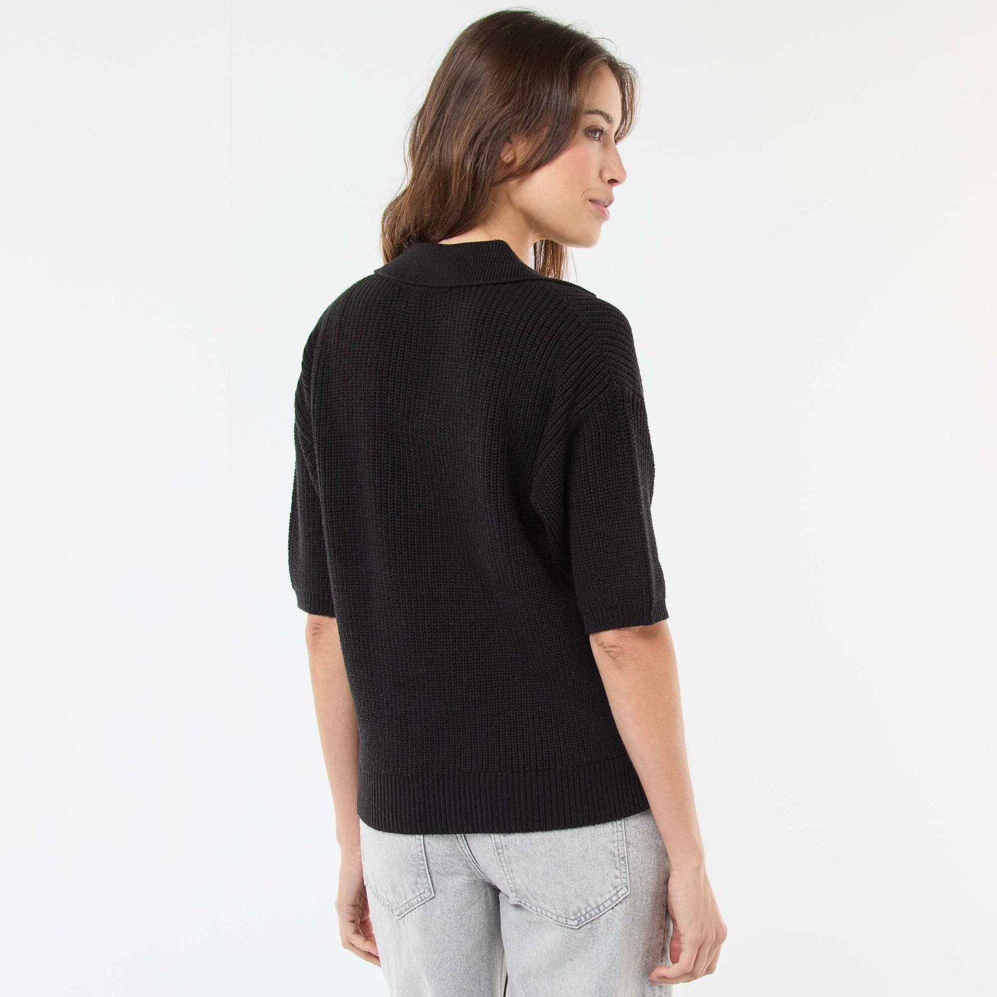 Polo-Style Sweater with V-Neck BLACK