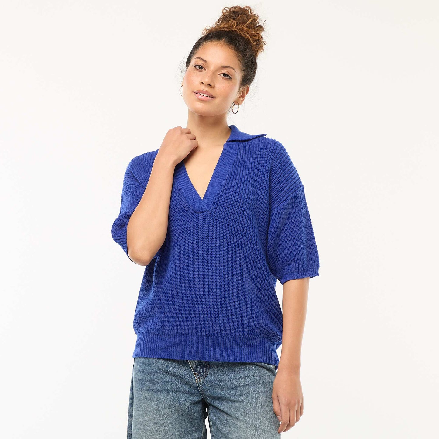 Polo-Style Sweater with V-Neck BLUE