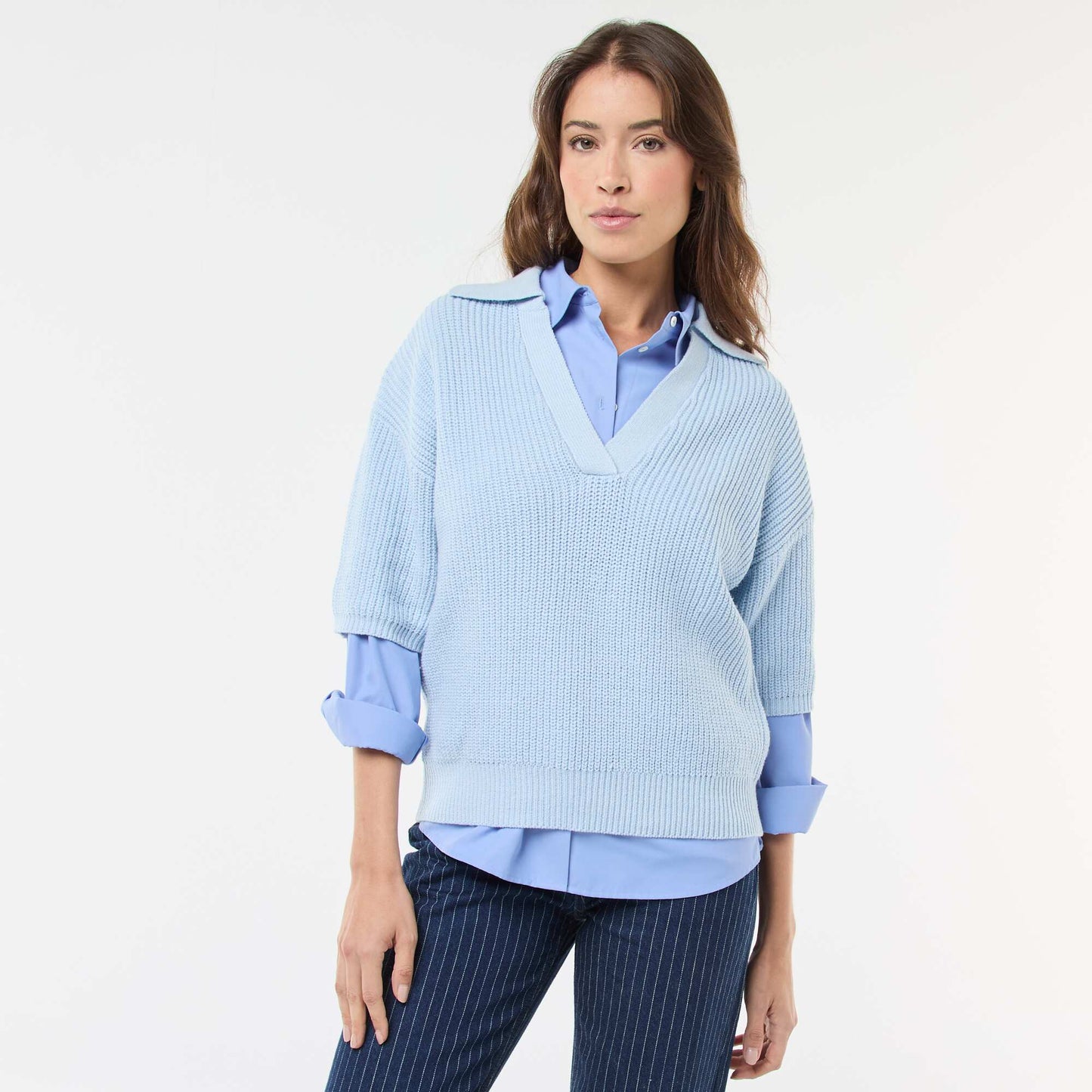 Polo-Style Sweater with V-Neck BLUE