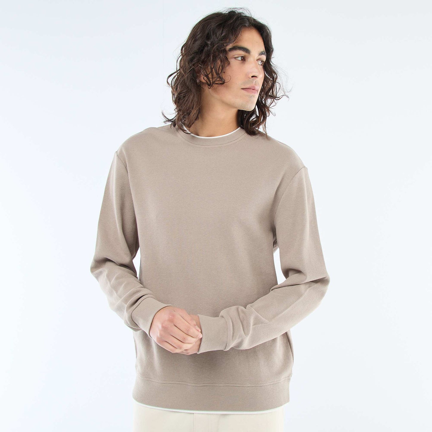 Honeycomb Knit Crew Neck Sweater BEIGE