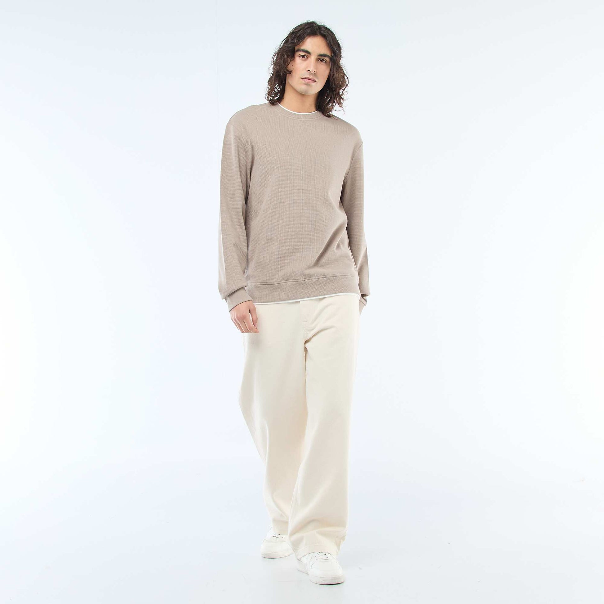 Honeycomb Knit Crew Neck Sweater BEIGE