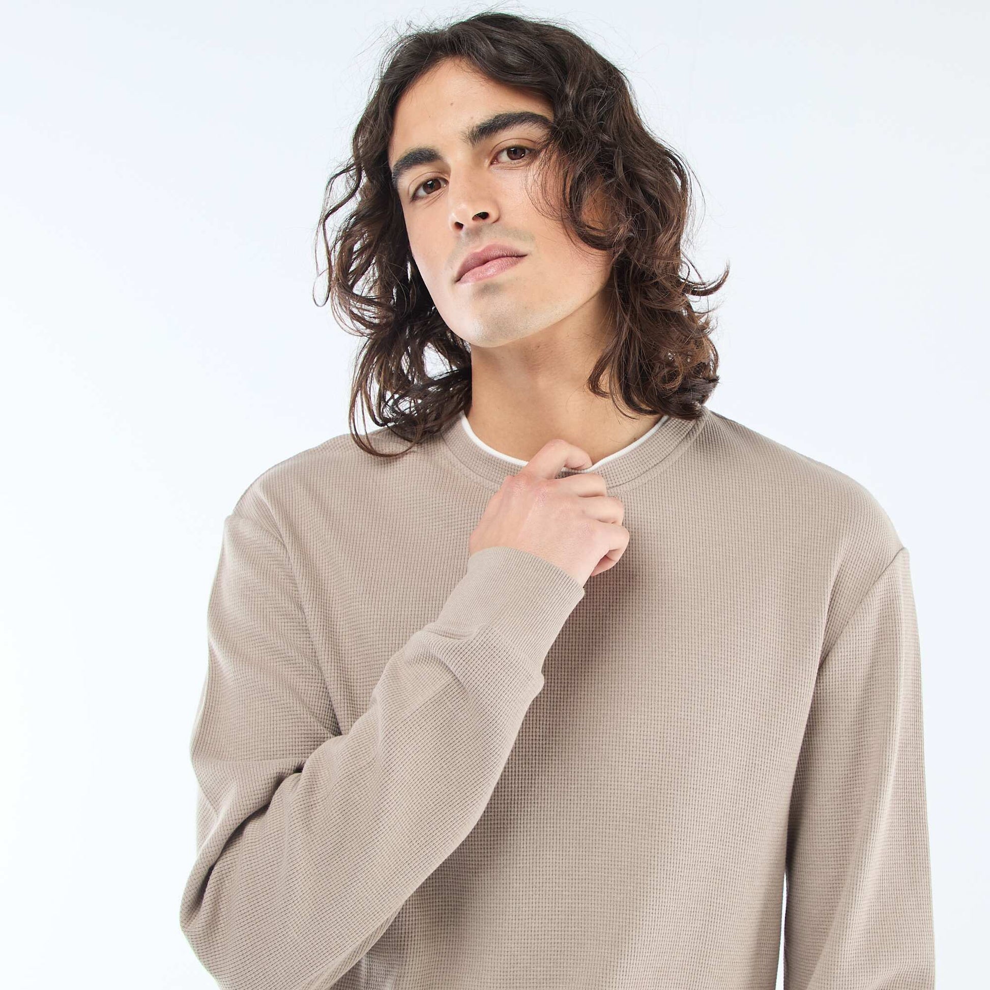 Honeycomb Knit Crew Neck Sweater BEIGE