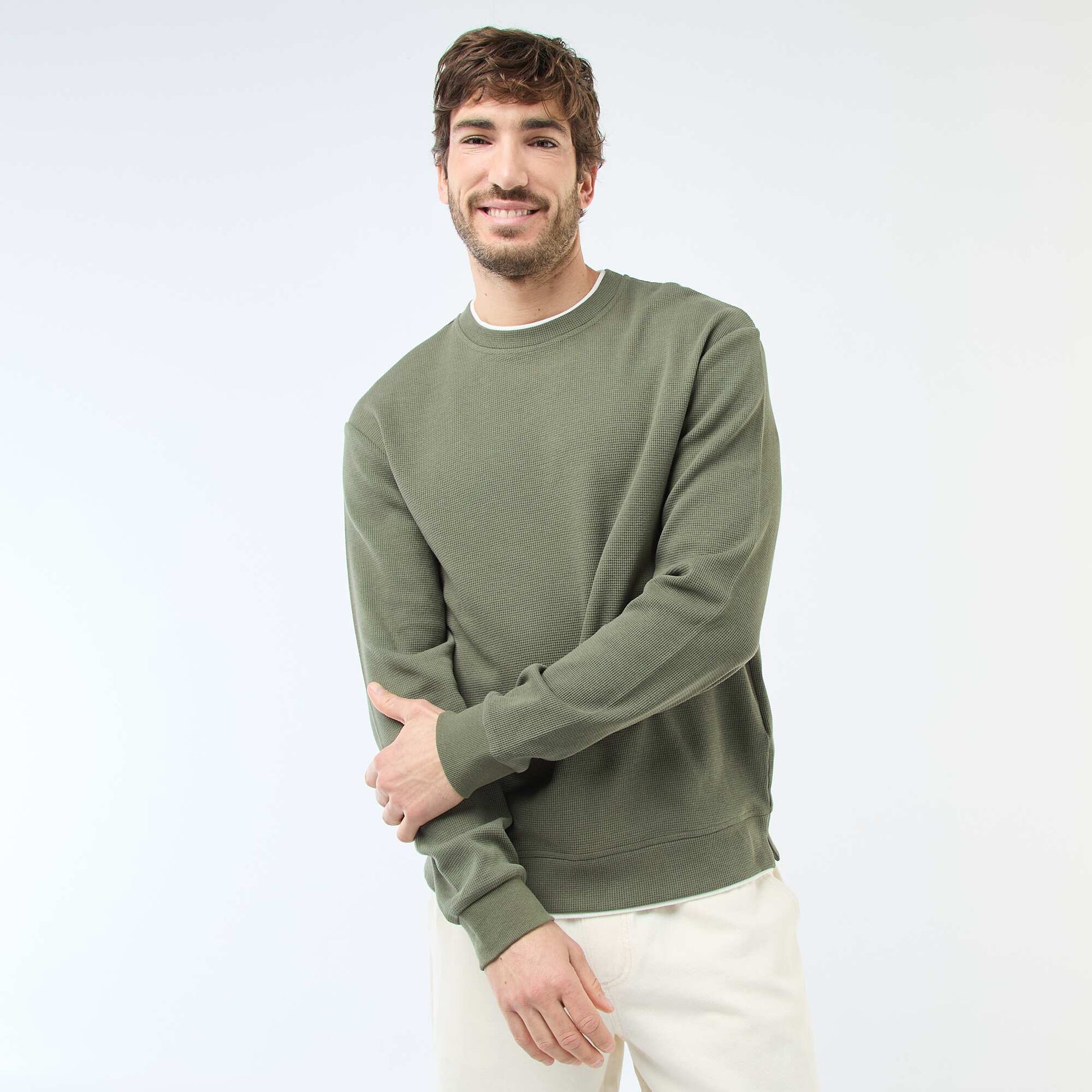 Honeycomb Knit Crew Neck Sweater GREEN