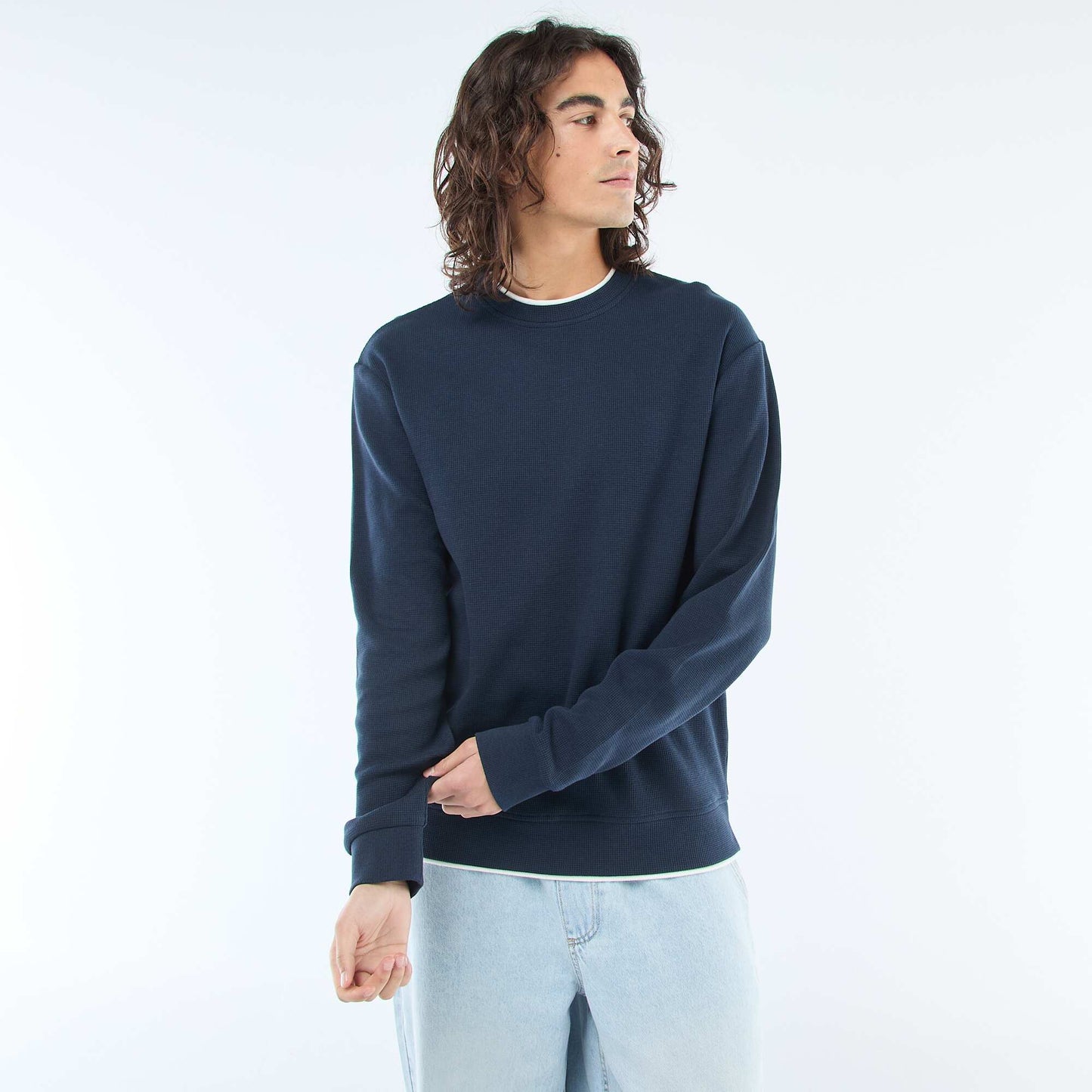 Honeycomb Knit Crew Neck Sweater BLUE