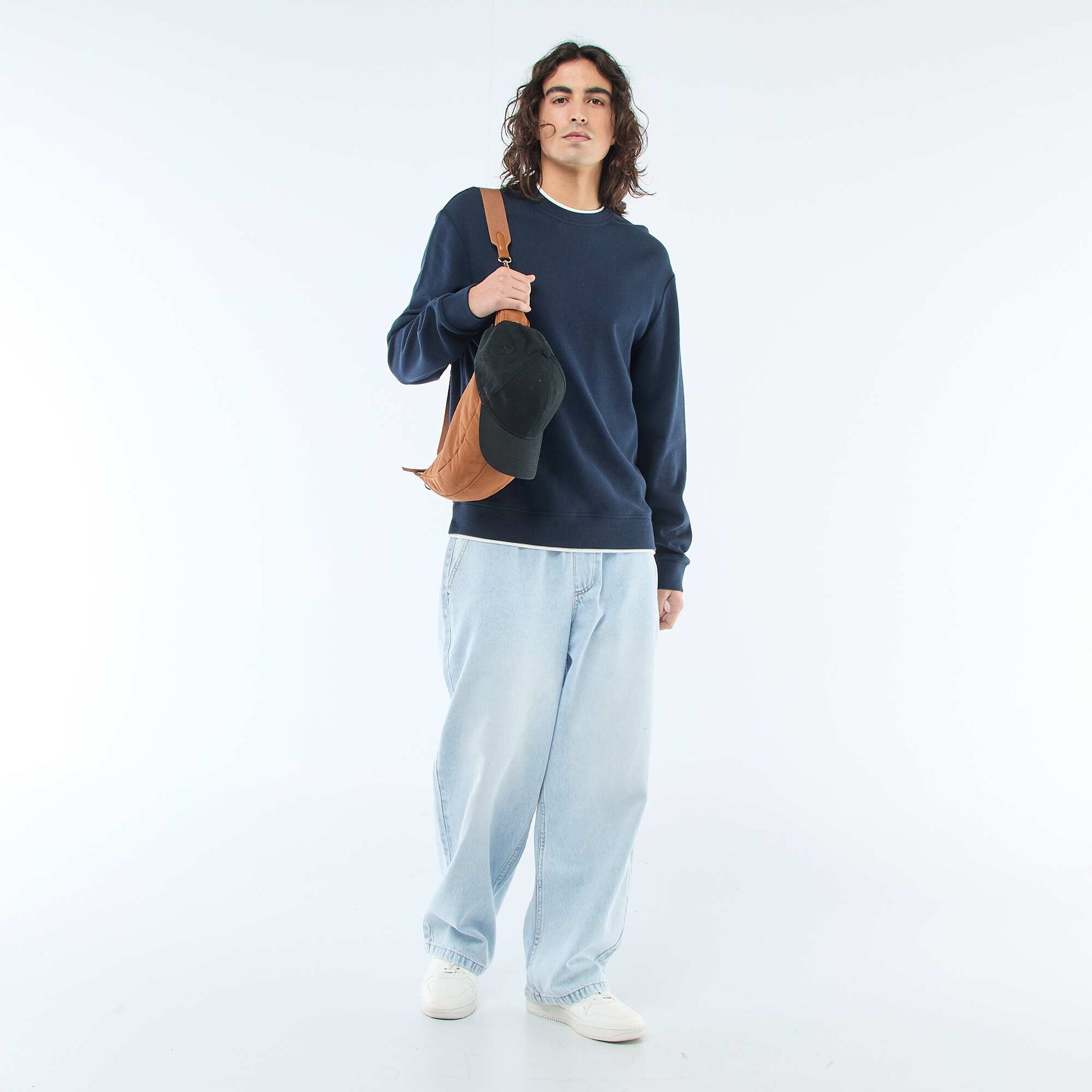 Honeycomb Knit Crew Neck Sweater BLUE
