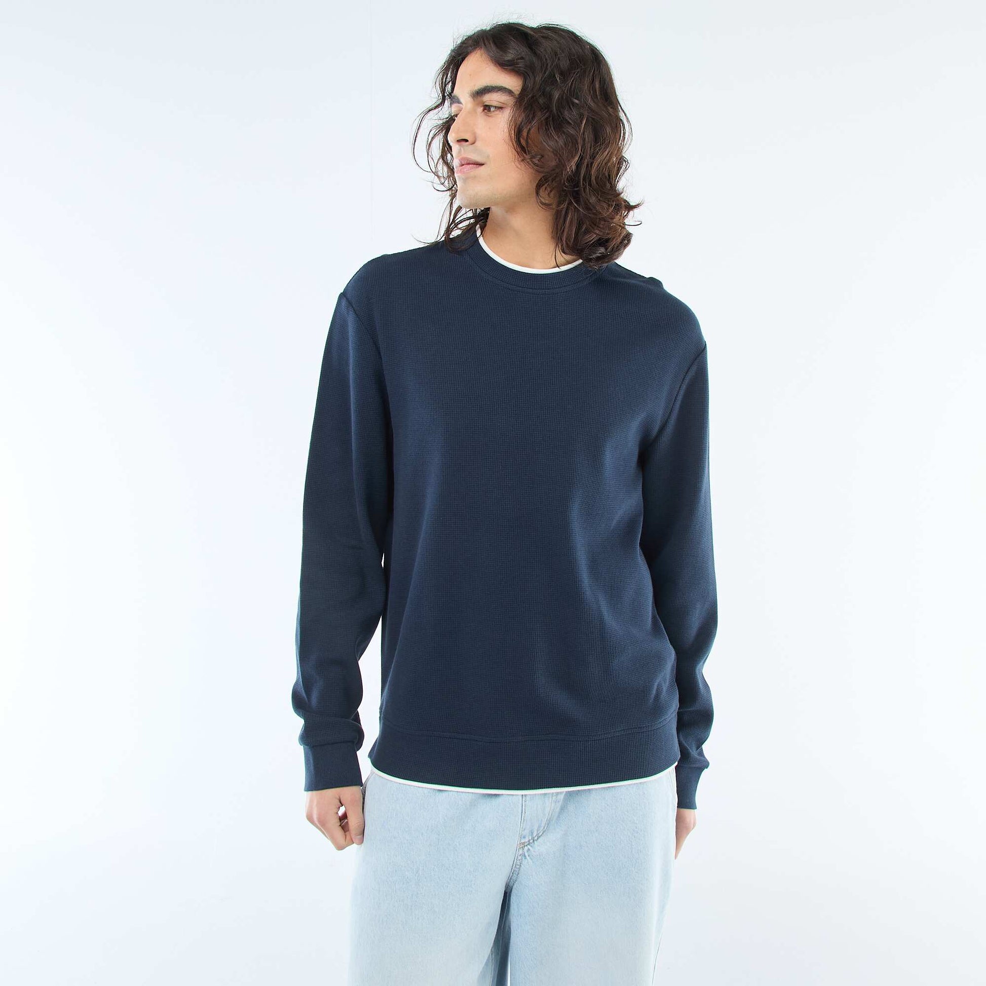 Honeycomb Knit Crew Neck Sweater BLUE