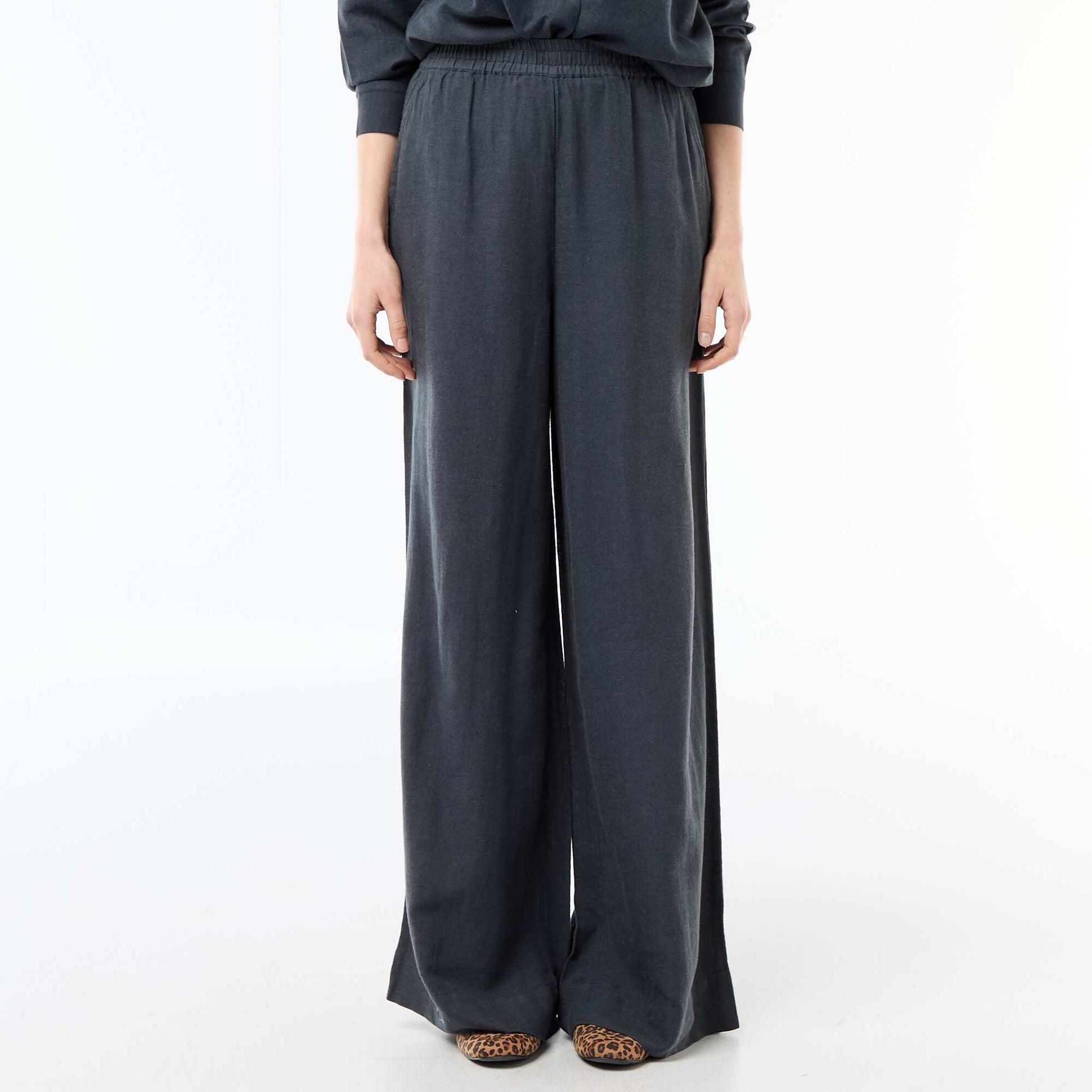Linen Blend Palazzo Trousers BLUE