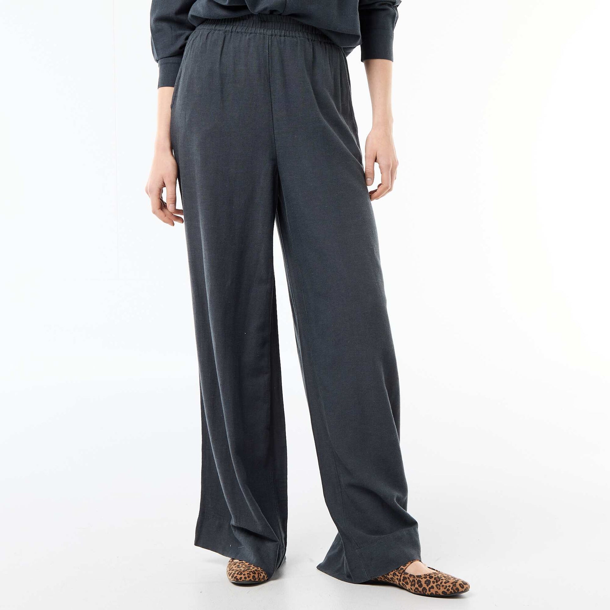 Linen Blend Palazzo Trousers BLUE