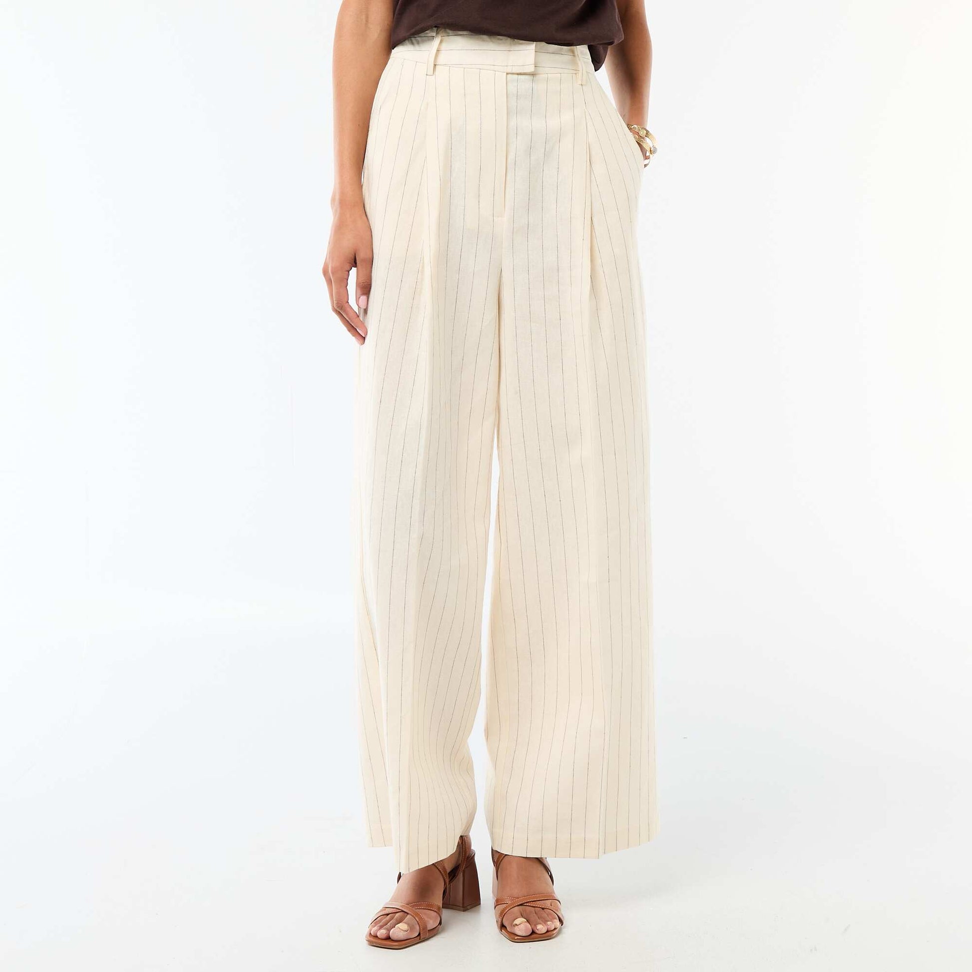 Wide-Leg Linen Blend Occasion Trousers BEIGE