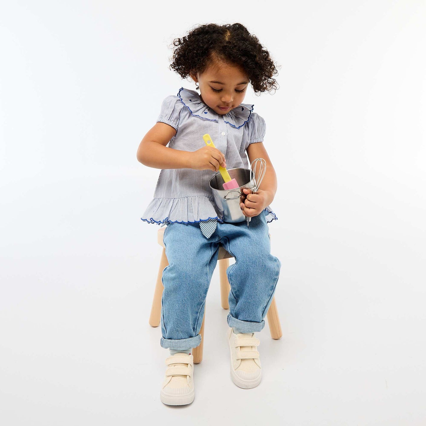 Striped Dress with Short Sleeves and Flounced Hem BLUE