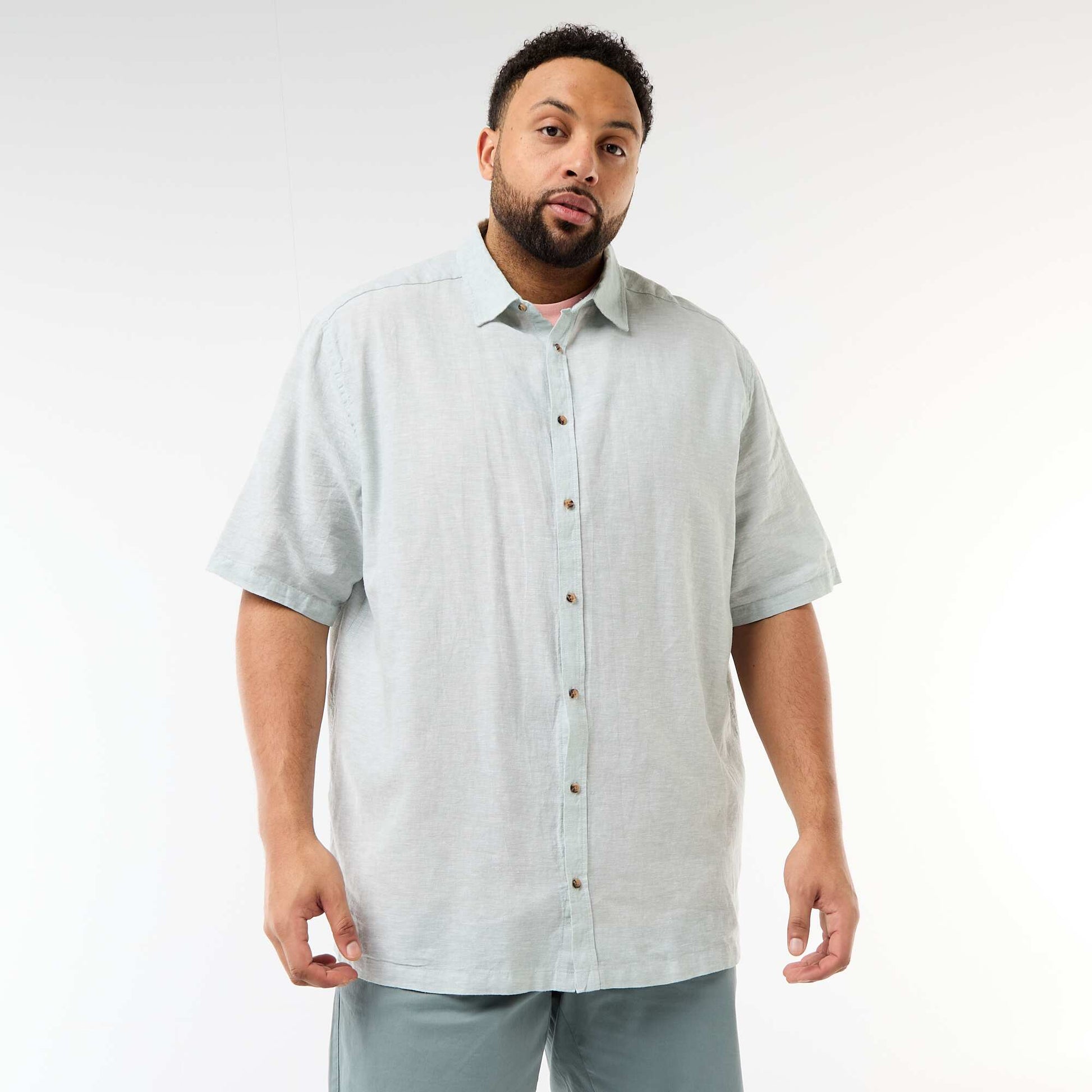 Short-Sleeved Linen-Blend Shirt GREEN