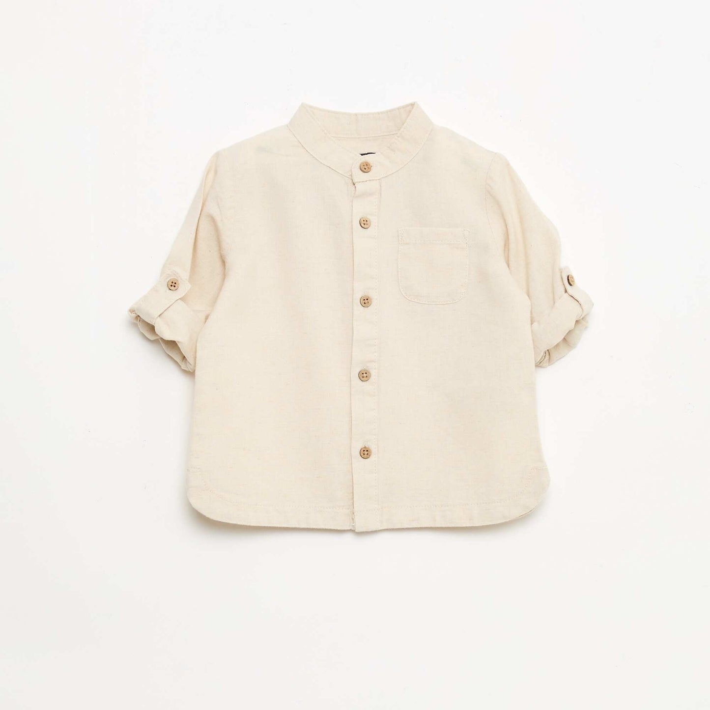 Mandarin Collar Shirt with Roll-Up Sleeves BEIGE