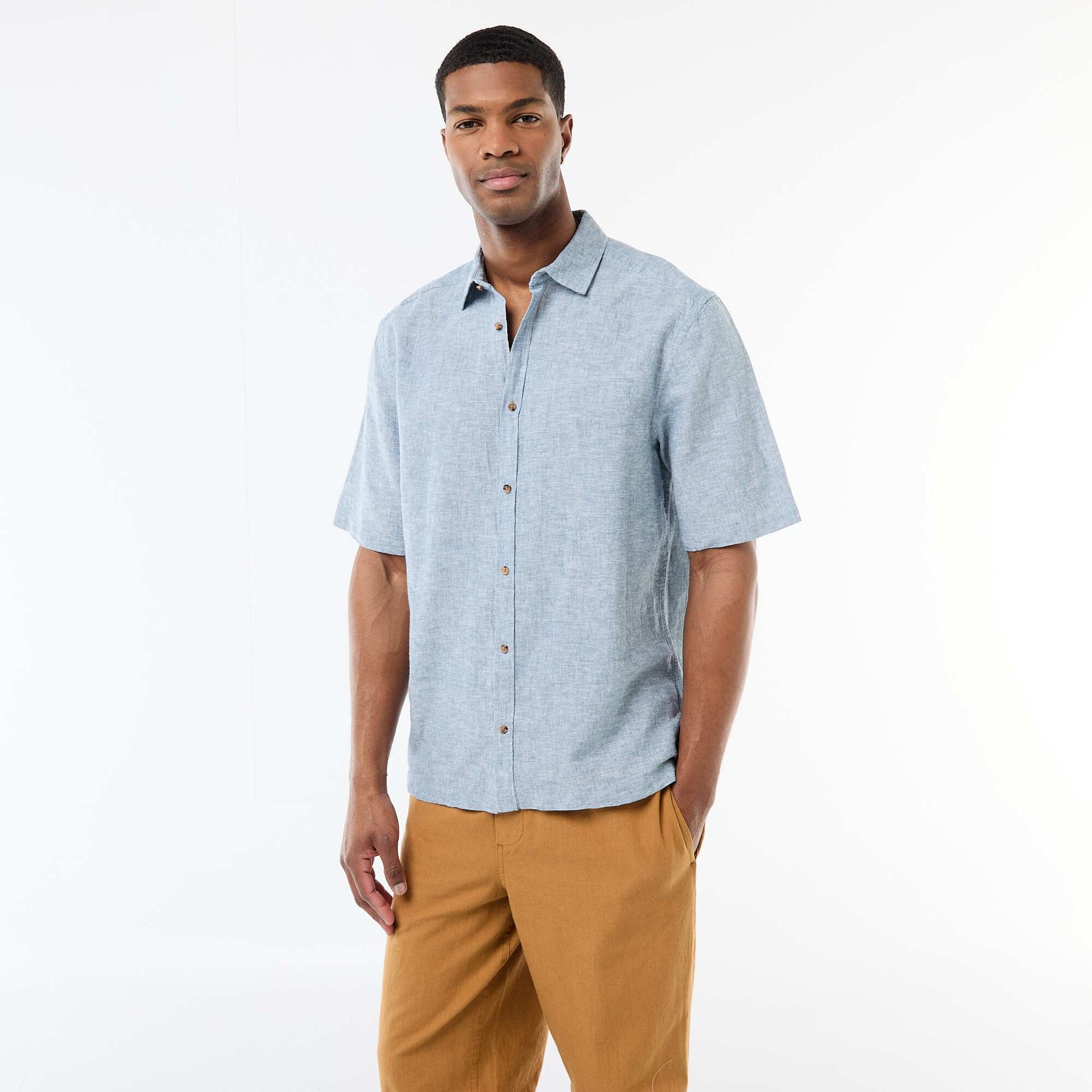 Short-Sleeved Linen-Blend Shirt GREEN