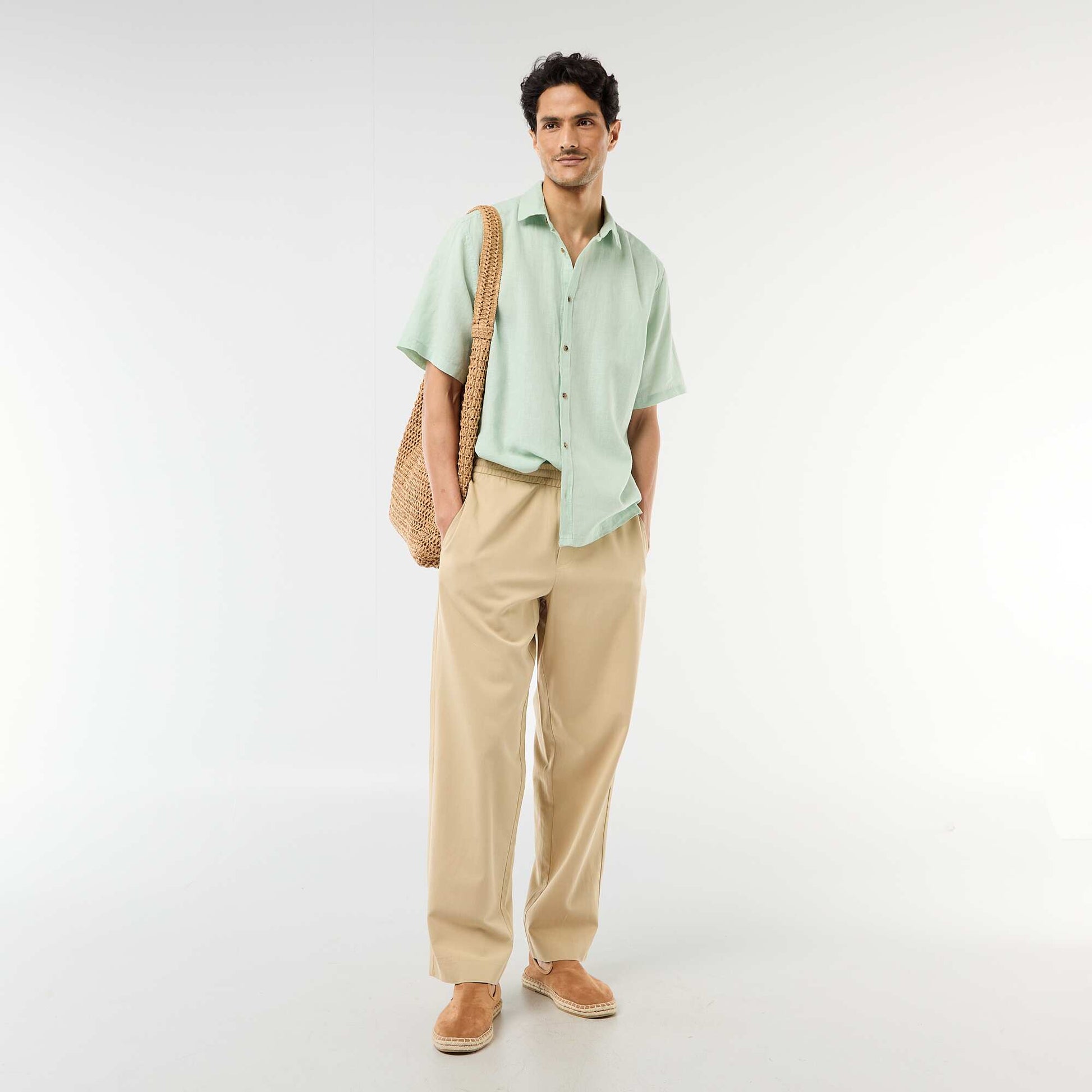 Short-Sleeved Linen-Blend Shirt GREEN