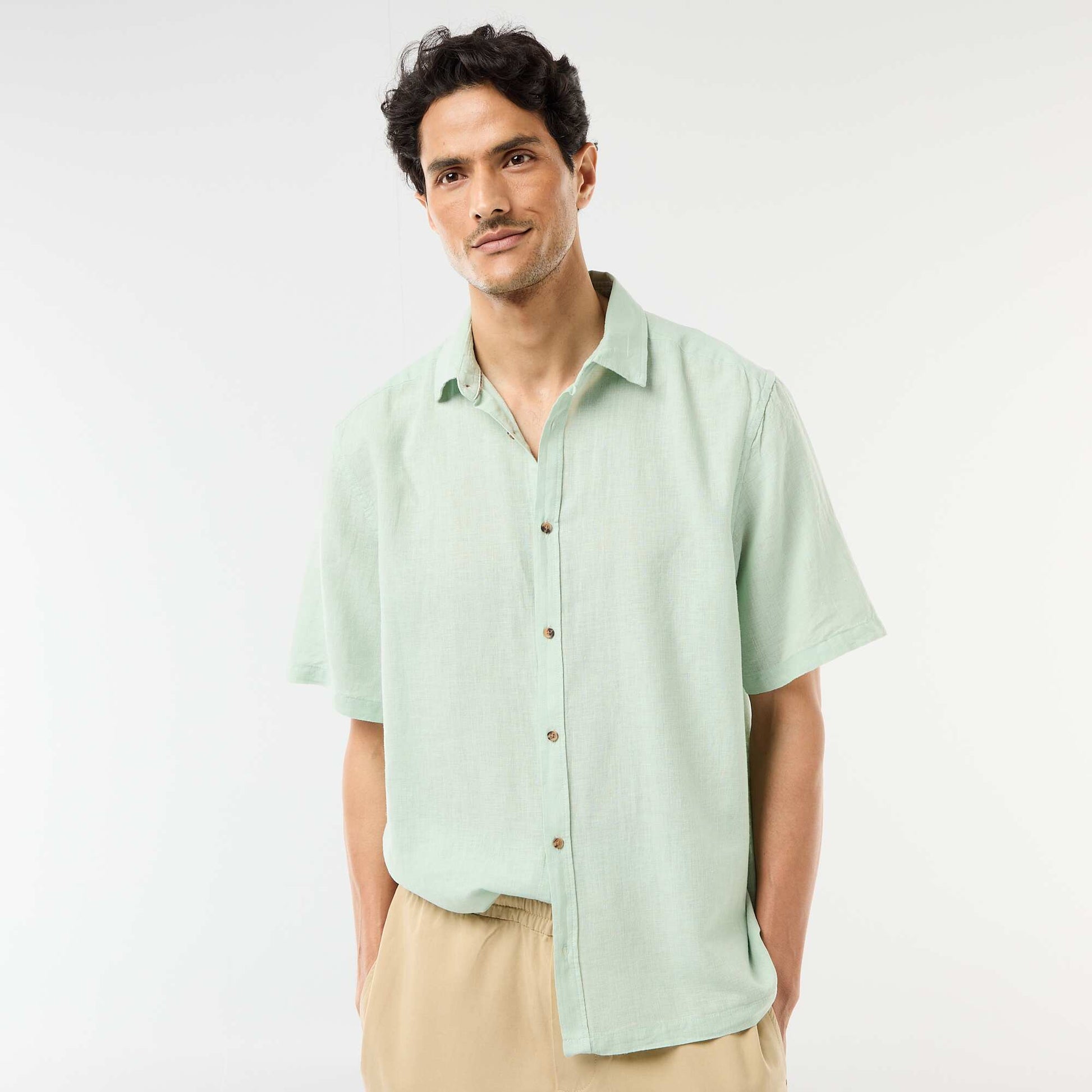 Short-Sleeved Linen-Blend Shirt BLUE