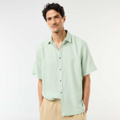 Short-Sleeved Linen-Blend Shirt BLUE