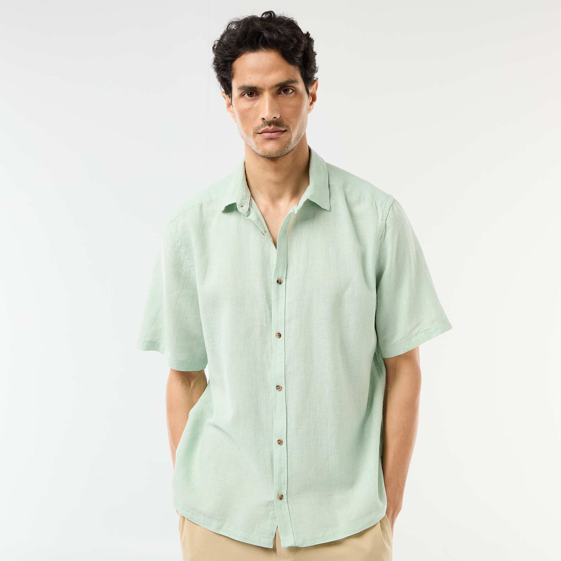 Short-Sleeved Linen-Blend Shirt BLUE