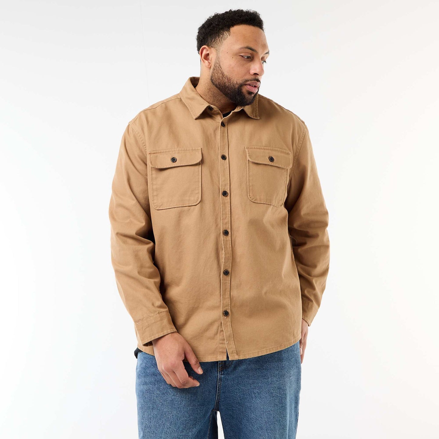 Twill Overshirt with Flap Chest Pockets BEIGE