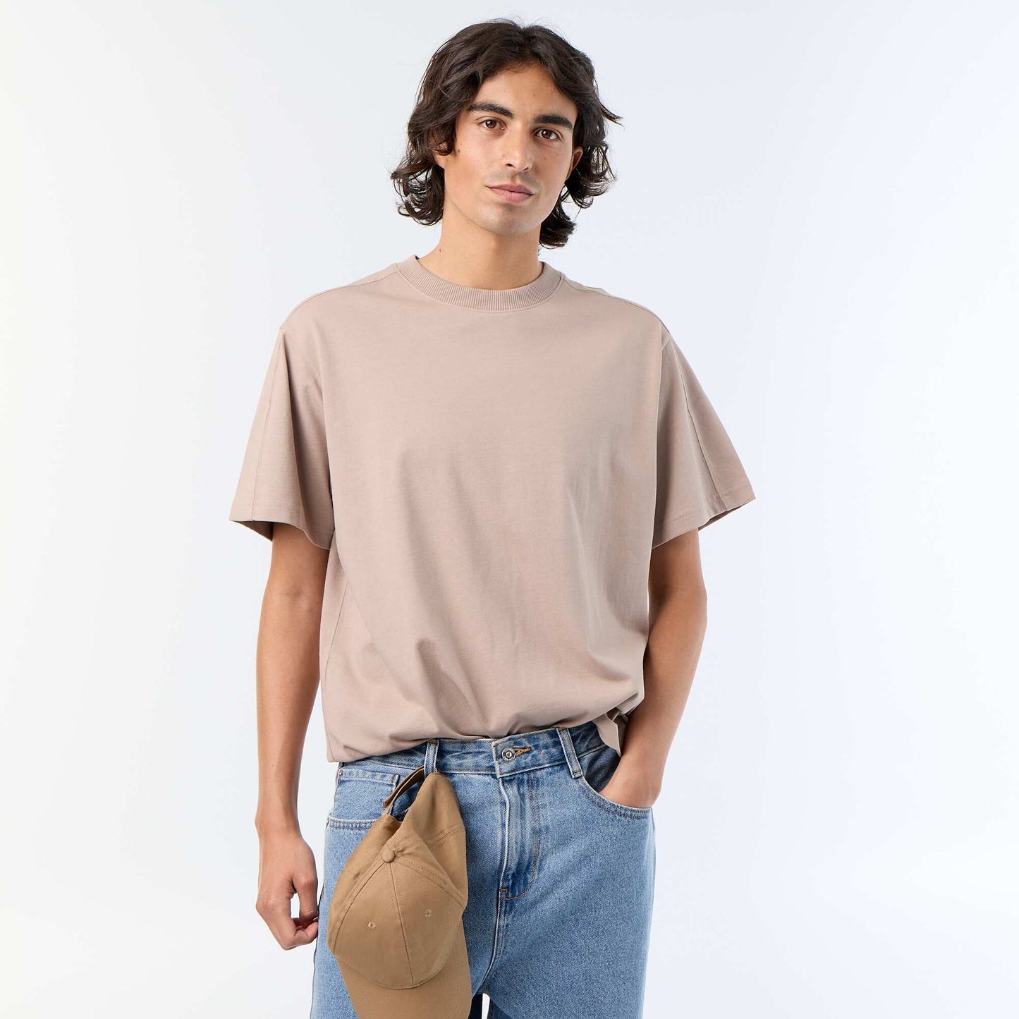 Plain Short-Sleeved Relaxed Fit / Oversized T-Shirt BEIGE