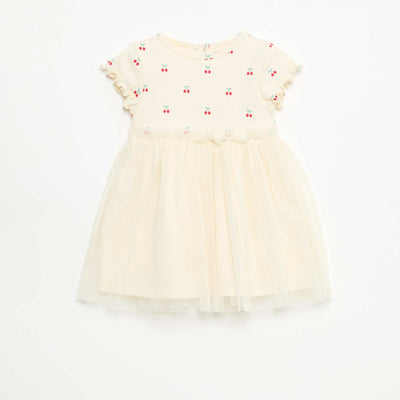 Ribbed Knit and Tulle Dress WHITE