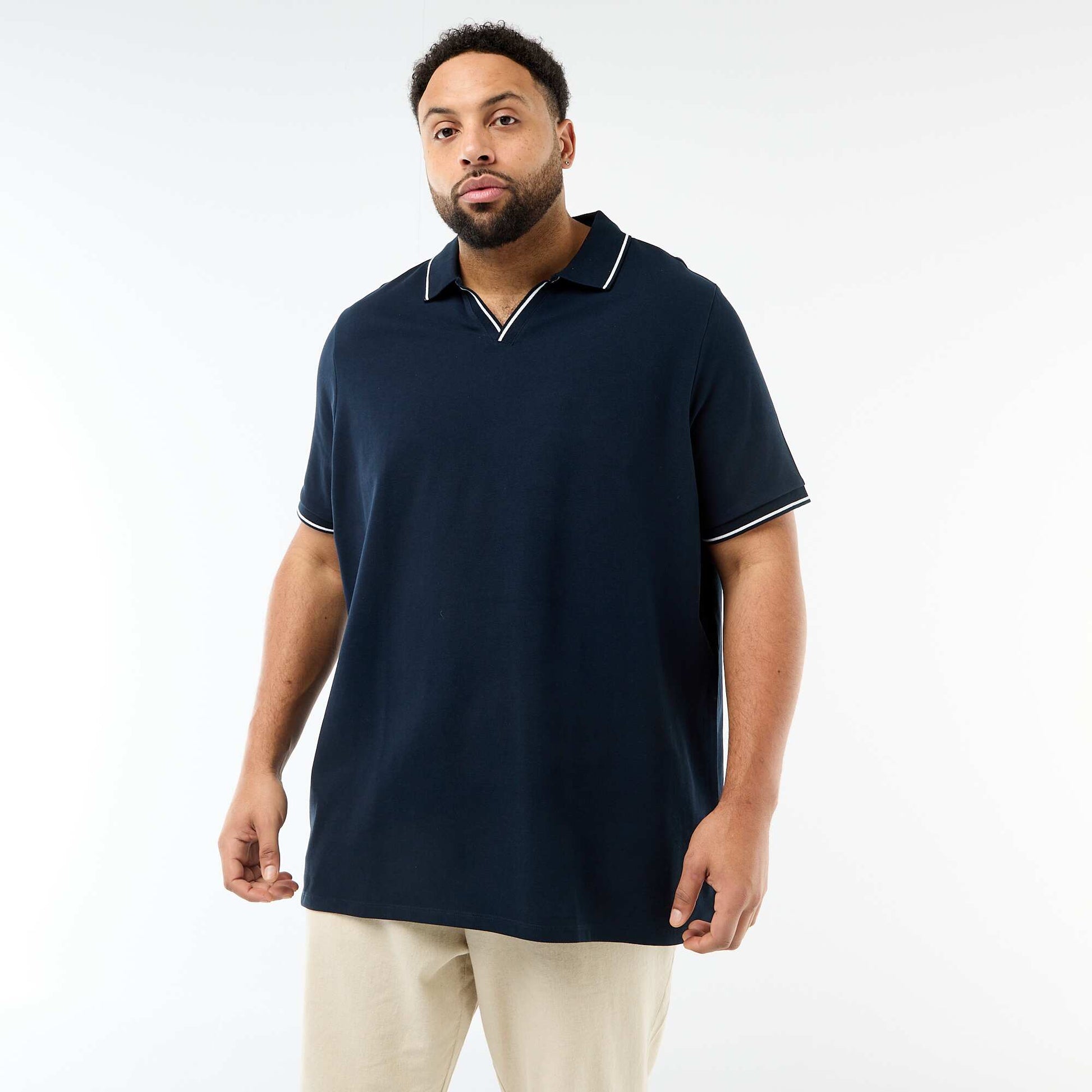 Cotton Piqué Polo Shirt with Buttonless Polo Collar BLUE