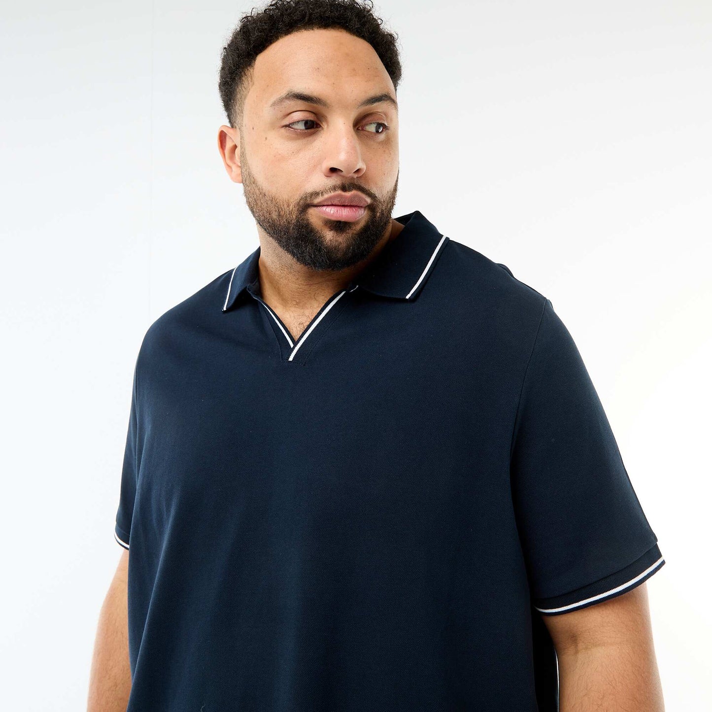 Cotton Piqué Polo Shirt with Buttonless Polo Collar BLUE