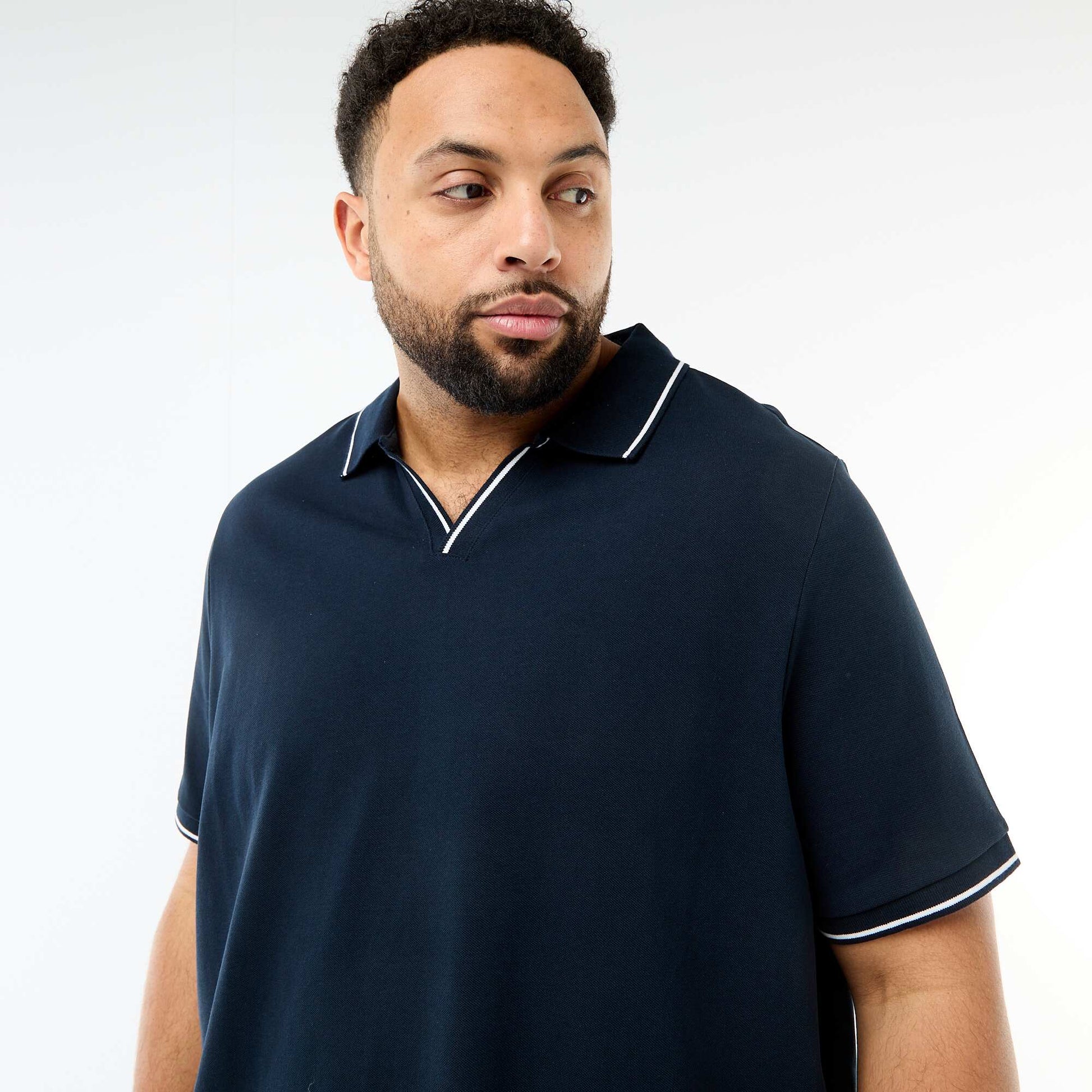 Cotton Piqué Polo Shirt with Buttonless Polo Collar BLUE