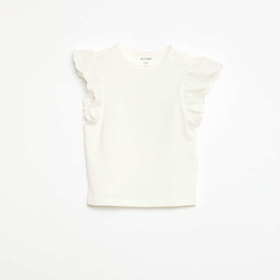Cotton jersey T-shirt with short English embroidery sleeves WHITE