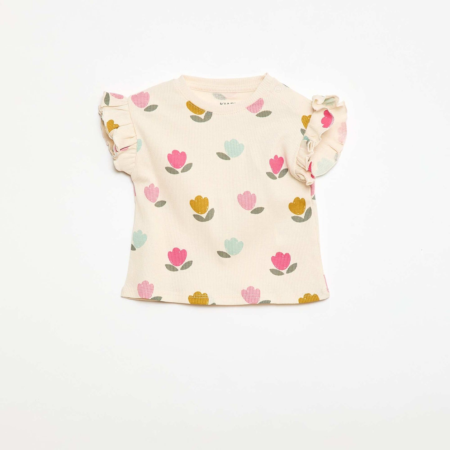 Ribbed T-shirt with Short Flutter Sleeves WHITE