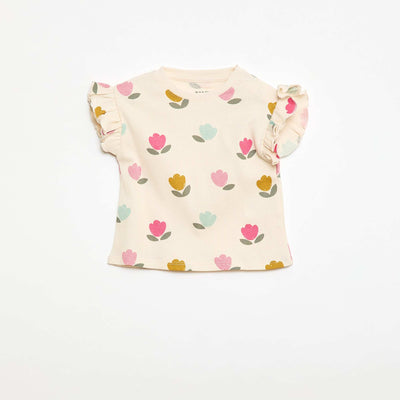Ribbed T-shirt with Short Flutter Sleeves WHITE