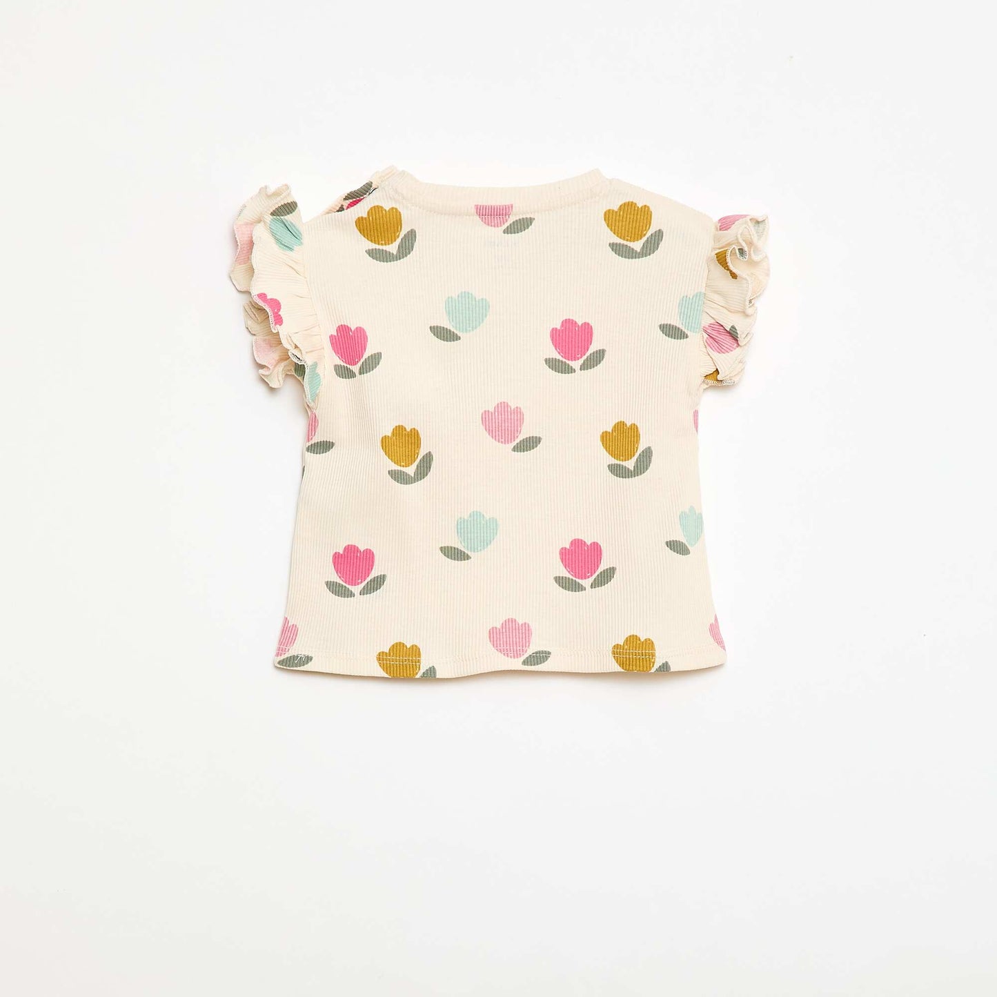 Ribbed T-shirt with Short Flutter Sleeves WHITE
