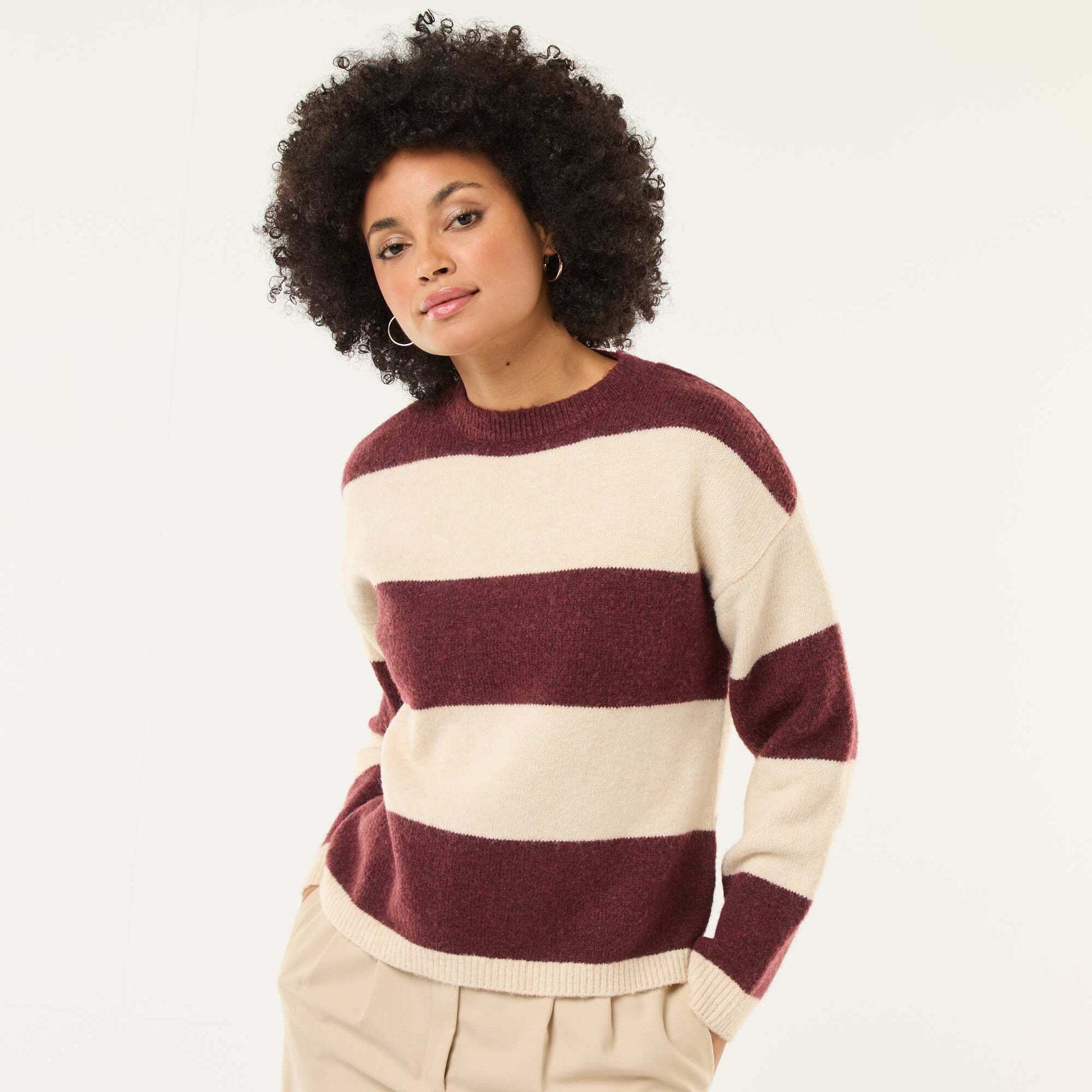 Striped Crew Neck Sweater in Soft Fabric BEIGE