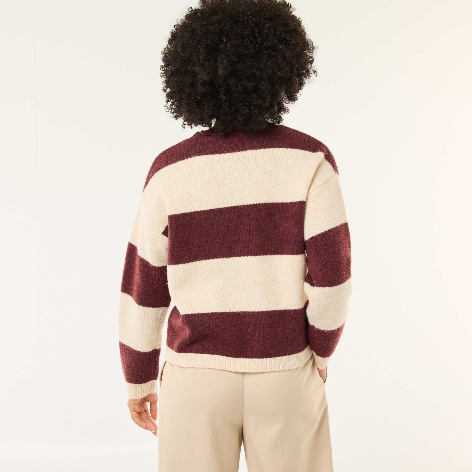 Striped Crew Neck Sweater in Soft Fabric BEIGE