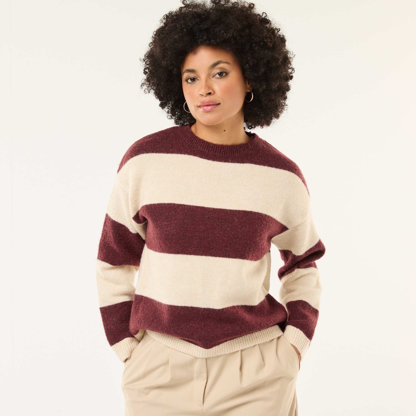 Striped Crew Neck Sweater in Soft Fabric BEIGE