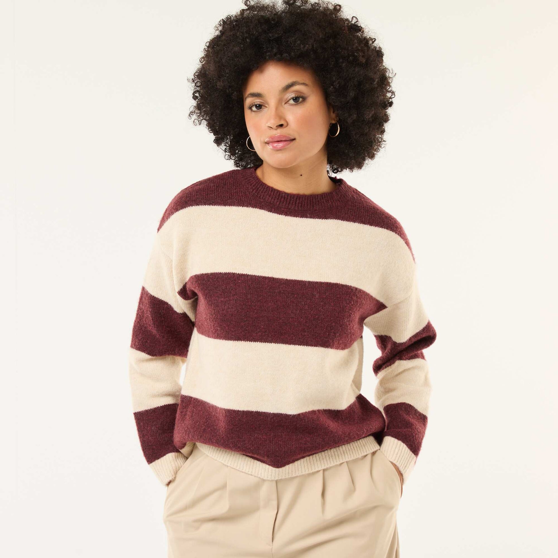 Striped Crew Neck Sweater in Soft Fabric BEIGE