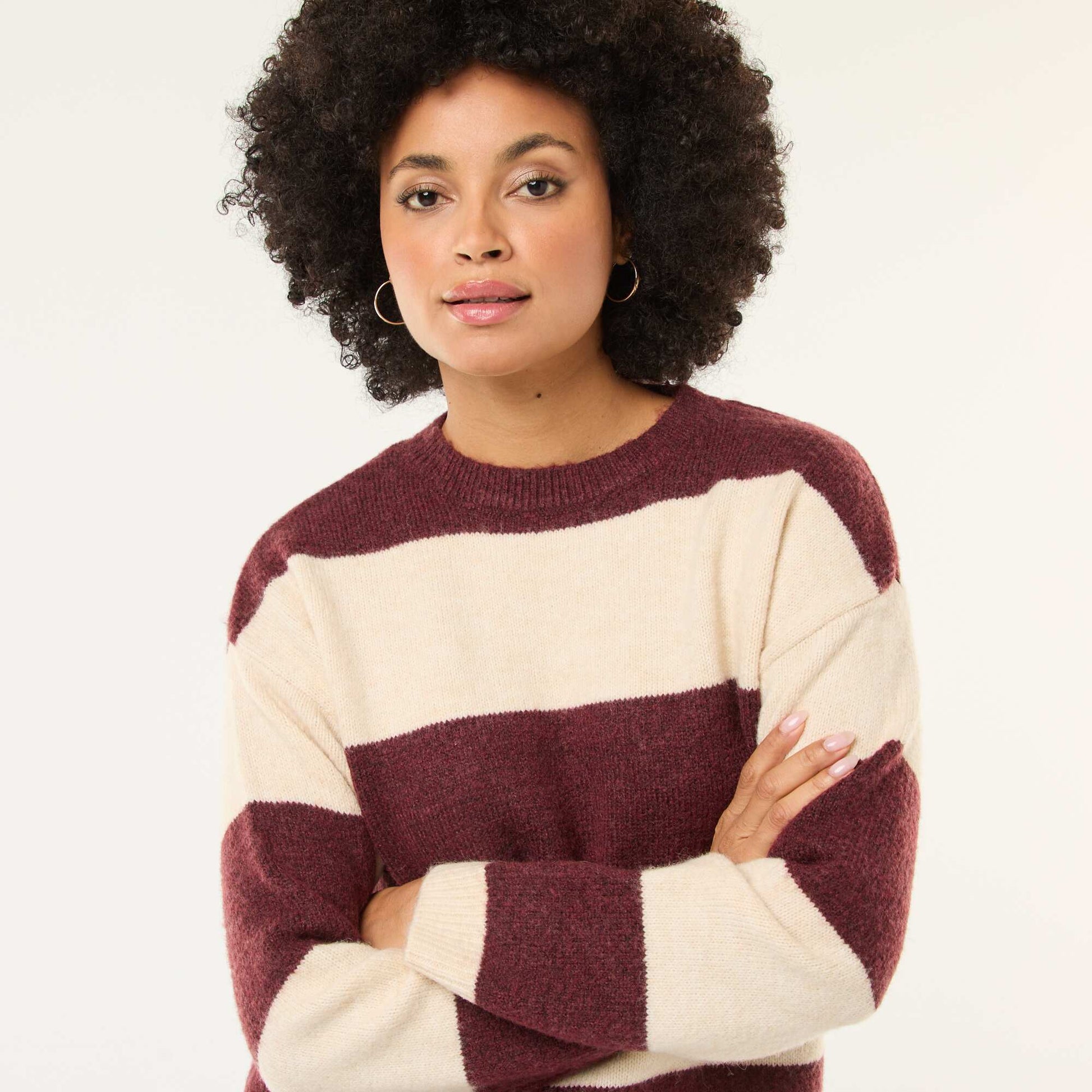 Striped Crew Neck Sweater in Soft Fabric BEIGE