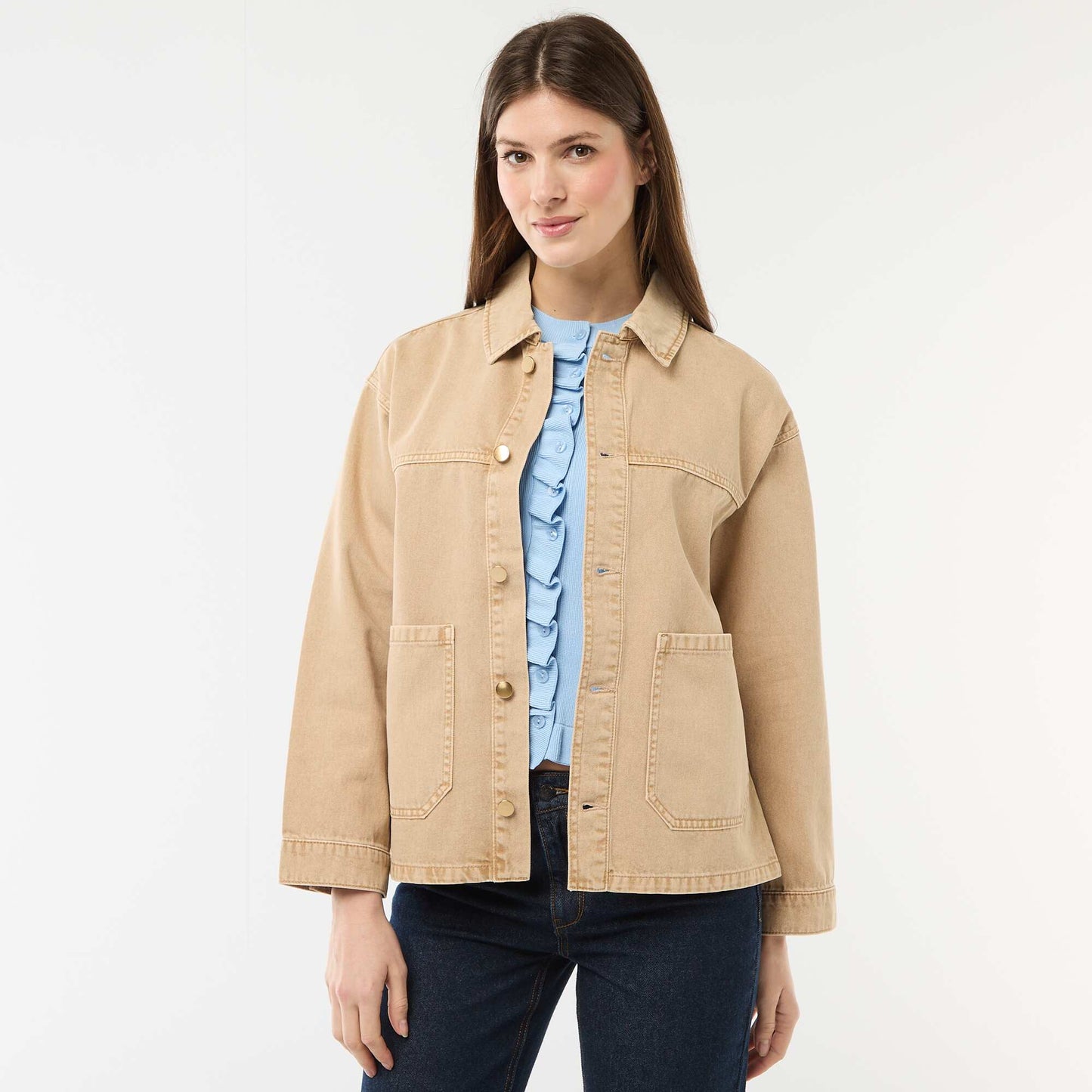 Short Denim Jacket with 2 Patch Pockets BEIGE