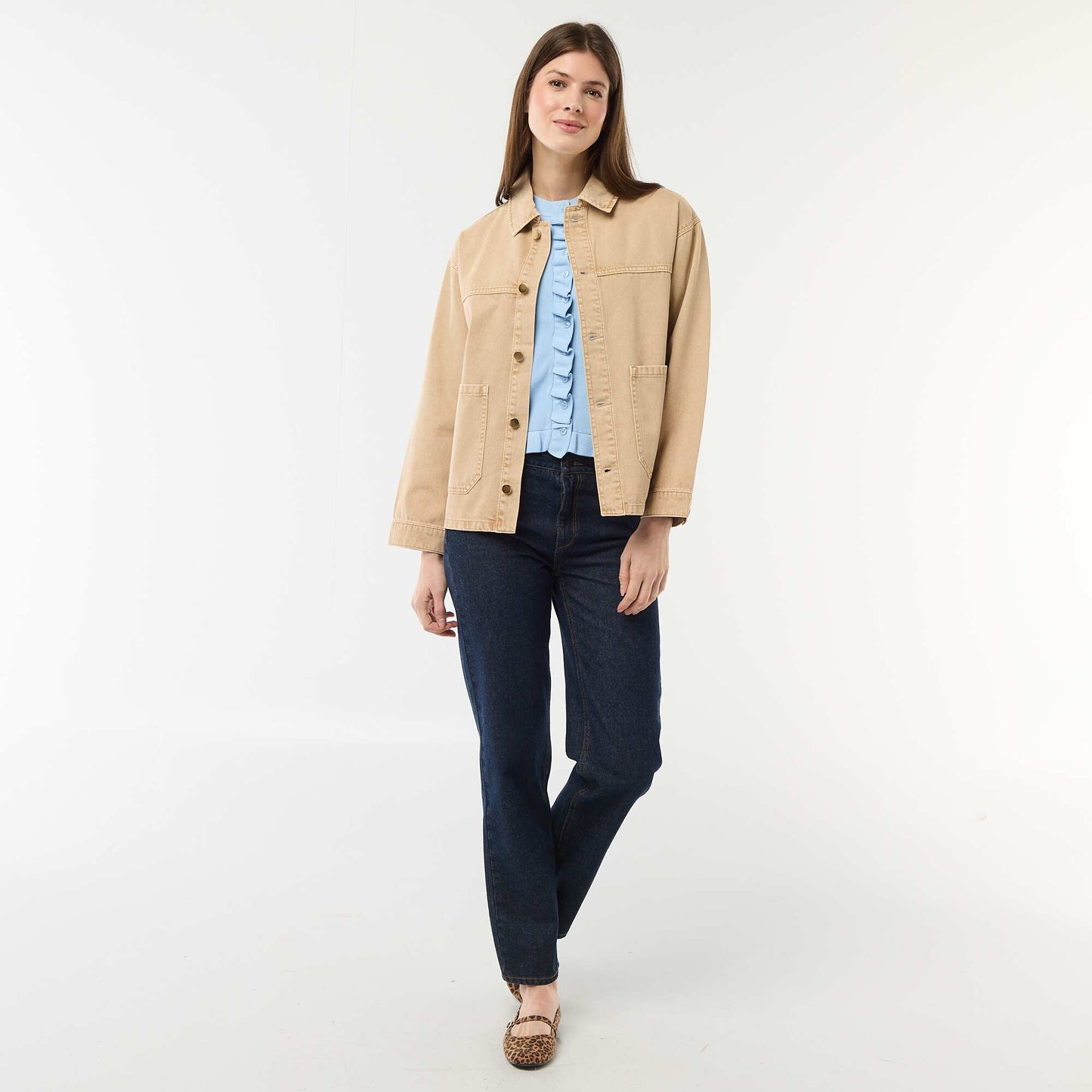 Short Denim Jacket with 2 Patch Pockets BEIGE