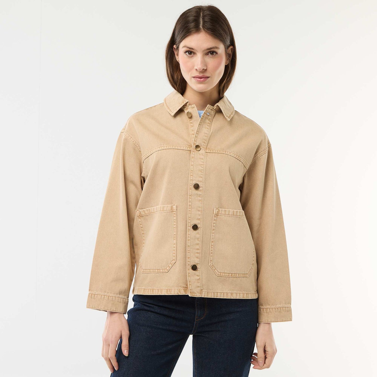 Short Denim Jacket with 2 Patch Pockets BEIGE