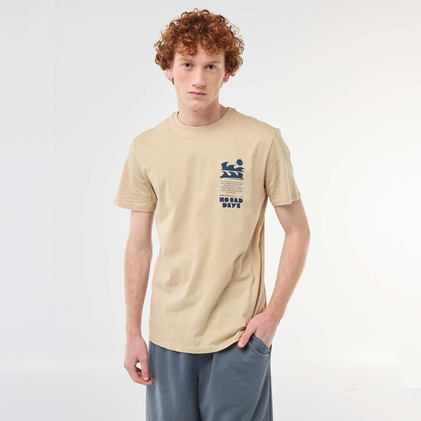 Solid Cotton Placement Print T-Shirt BEIGE