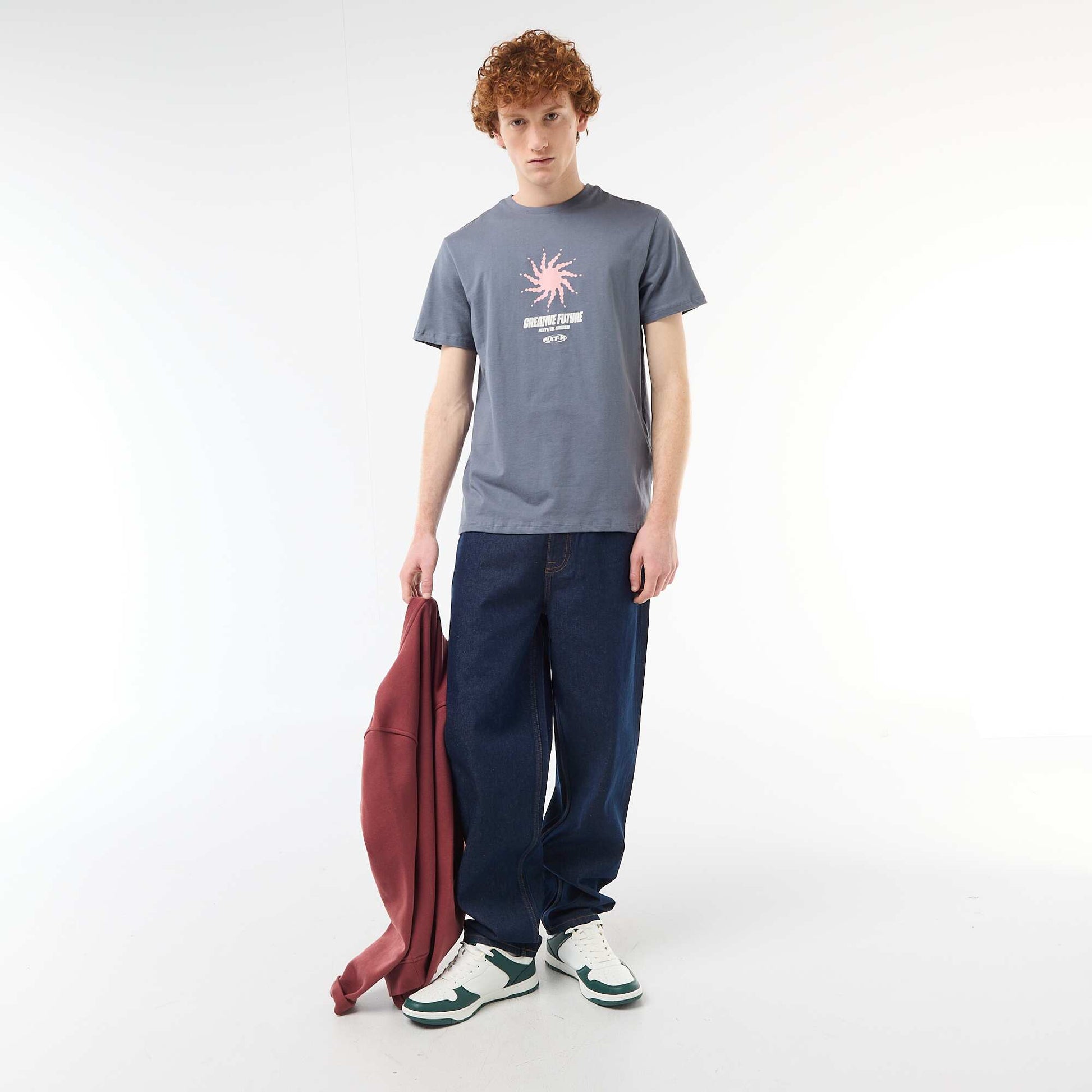 Solid Cotton Placement Print T-Shirt GREY