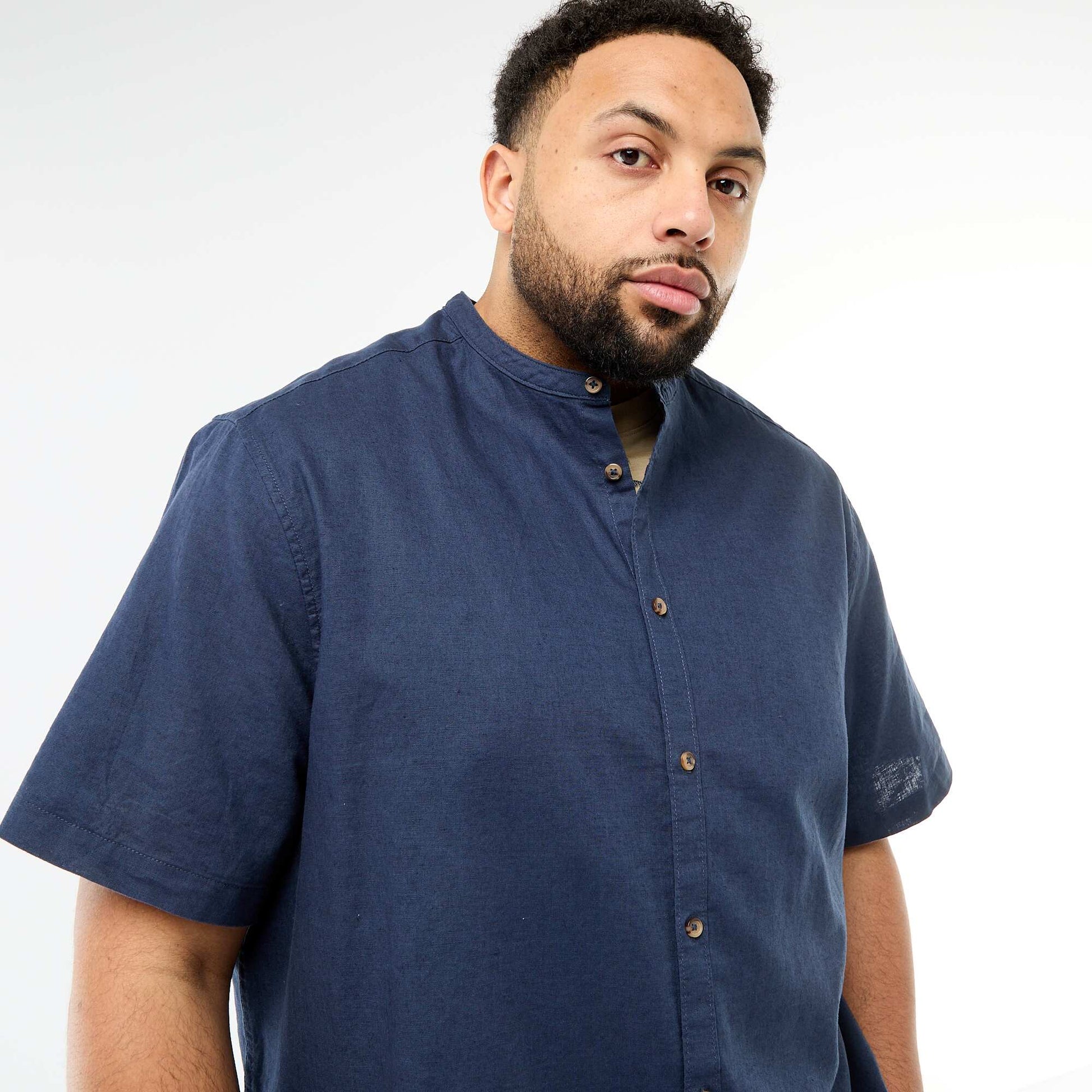 Short-Sleeved Linen Blend Shirt BLUE