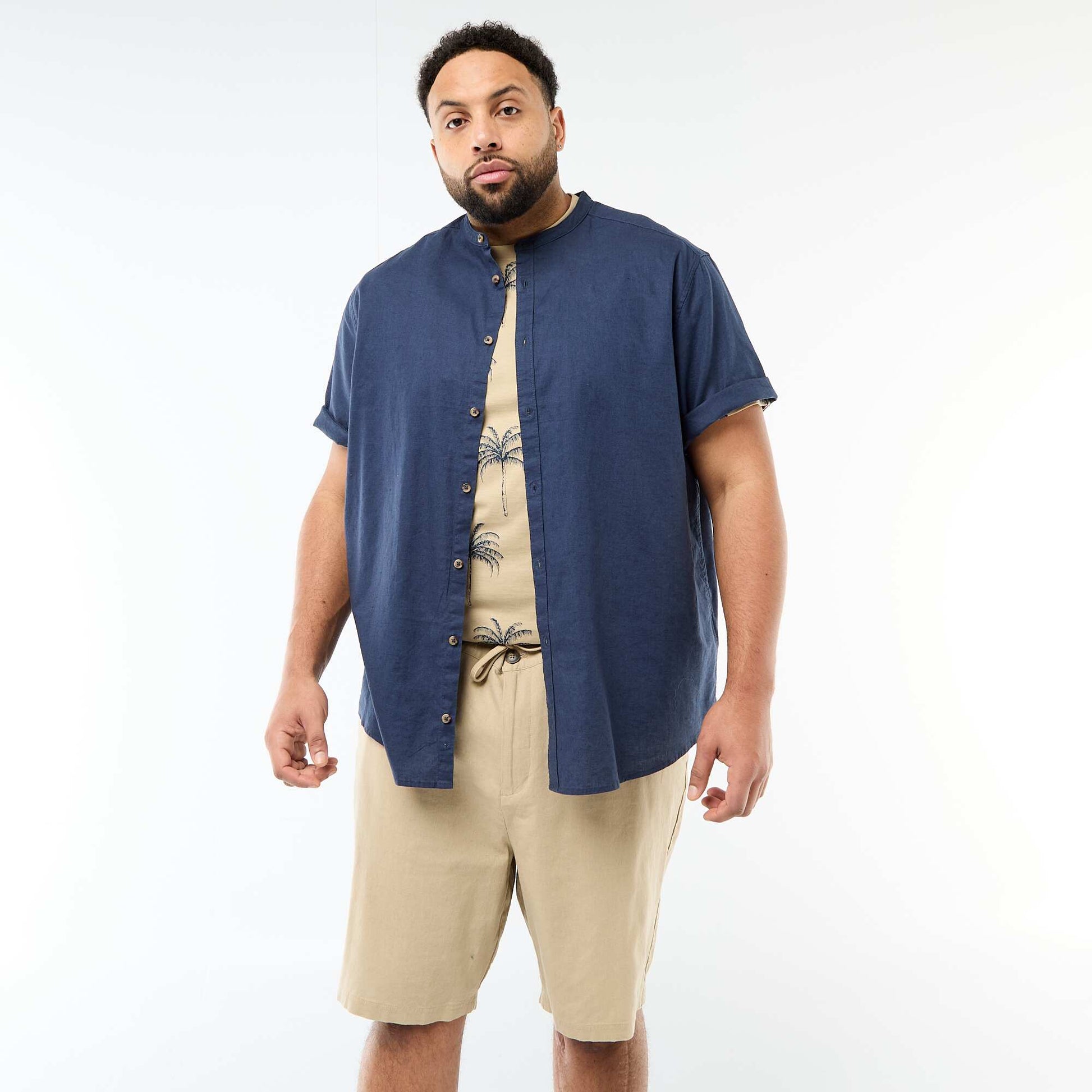 Short-Sleeved Linen Blend Shirt BLUE