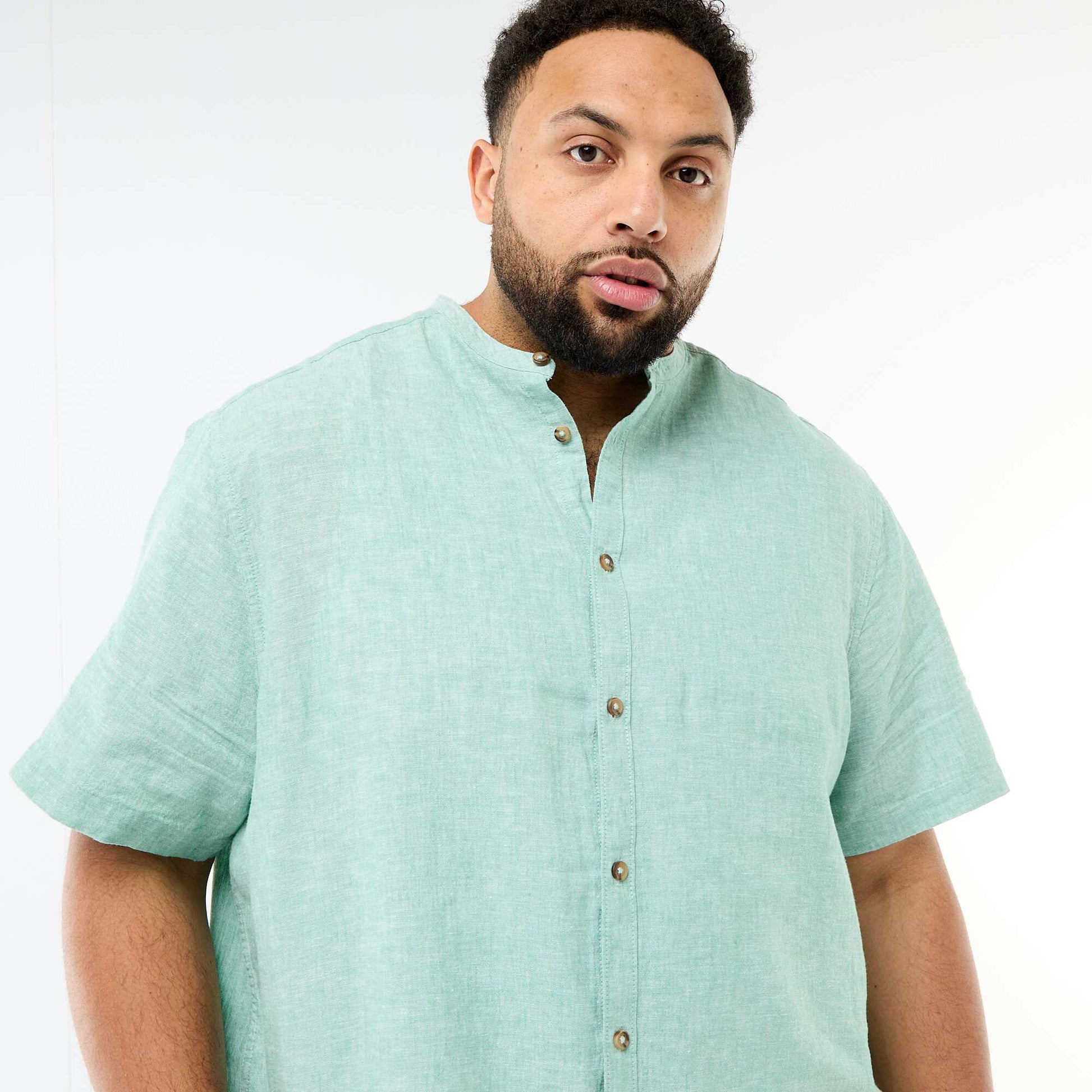 Short-Sleeved Linen Blend Shirt GREEN